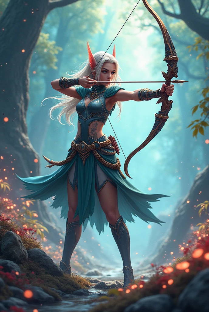 elf archer, icon, displayed on a white background, in the style of light yellow and light magenta, hyper-realistic atmospheres, vfxfriday, isometric, tilt-shift lenses, bold character designs, light red and cyan --v 5.2
