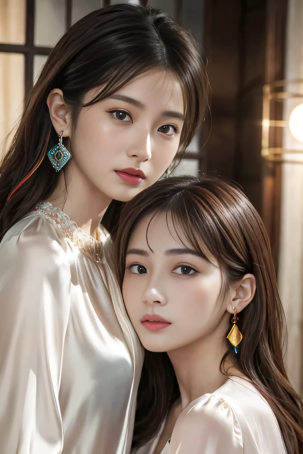 2girls,duo,8K Raw photograph,超高分辨率, filmgrain, filmg,view the viewer, Natural skin texture,Realistic eye and face details,((Realistic:1.5)),Ulzzang-6500:1.4,((Best quality)), ((Masterpiece)),((Detailed)),{2 beautiful women}, (Upper body:1.3),Hug and touch each other, Tease your friend's waist, Breathless friends, Biting a friend's earlobe, crouched,super wide shot,Face focus, Long legs,Curvy, Barefoot,Wide hips, Thin legs, Oversized eyes,Long eyelashes, (Detailed face,beautidful eyes, detailedpupils,detailed clothes features, Clear background:1.3), (armlets, bangle:1.3),bright detail,Sharp,Perfect compounding, Intricate, Sharp focus, Dramatic,