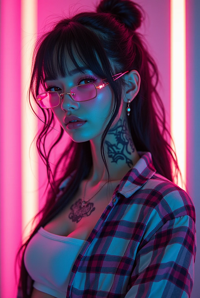 Create a hyper detailed photograph of a tattooed muscular young sexy nerd goth, Stunningly perfect gorgeous feminine face, perfect makeup, detailed vibrant eyes, long flowing hair, big beautiful muscular legs, big beautiful muscular arms, perfect hour glass body figure, detailed smooth skin, large breast, perfect heart shaped ass, complete full body view,