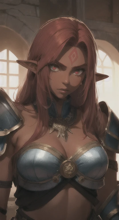 Elf,Medium Hair,Red hair,(Hair on one eye:0.8),(Dark Skinned female:1.2), (Dark Skin:1.1),Big Breasts,Shiny skin,Gray background