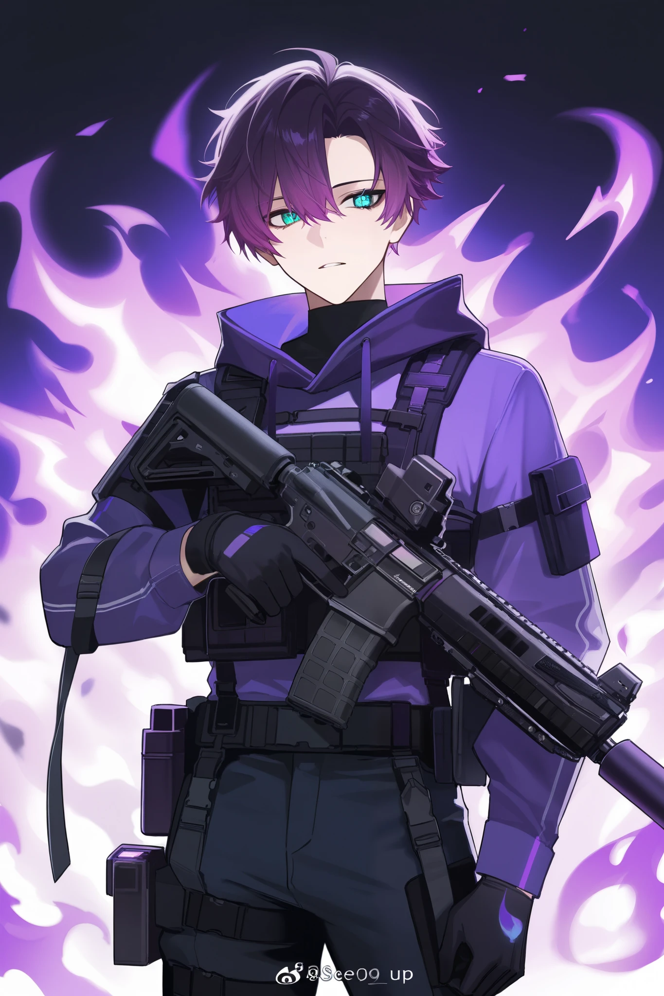1 man, semi buff, wurthering waves themed, black jeans, tactical gear, purple short hair with ends on purple flames, teal eye color (detailed), no emotions,