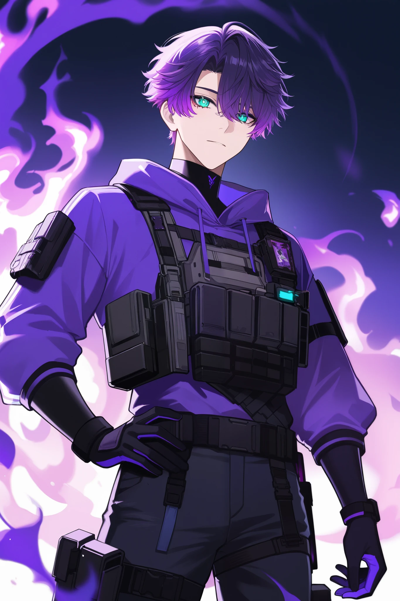 1 man, semi buff, wuthering waves themed, black jeans, tactical gear, purple short hair with ends on purple flames, teal eye color (detailed), no emotions,