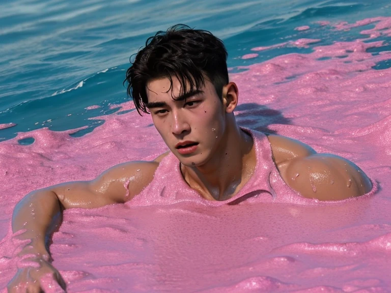 Hyper realistic, Masterpiece, detailed, 8k, a young indonesian man, tanned skin, shirtless, merman, pinkish ocean background, pink mermaid tail, seashell ornament, undefined, undefined, undefined,