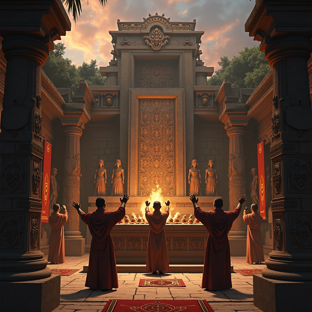 " Representation of a Mayan altar with priests venerating cacao beans, surrounded by sculptures and ceremonial offerings under a twilight sky ."