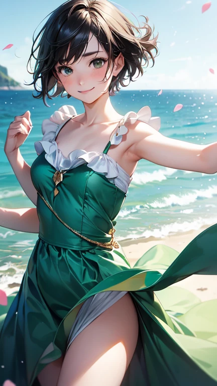 ((Split-color hair, black hair, green hair)), green eyes,white dress,short hair, high quality, masterpiece, best quality,open mouth, medium breasts, sunhat ,smile, outdoors, small breasts