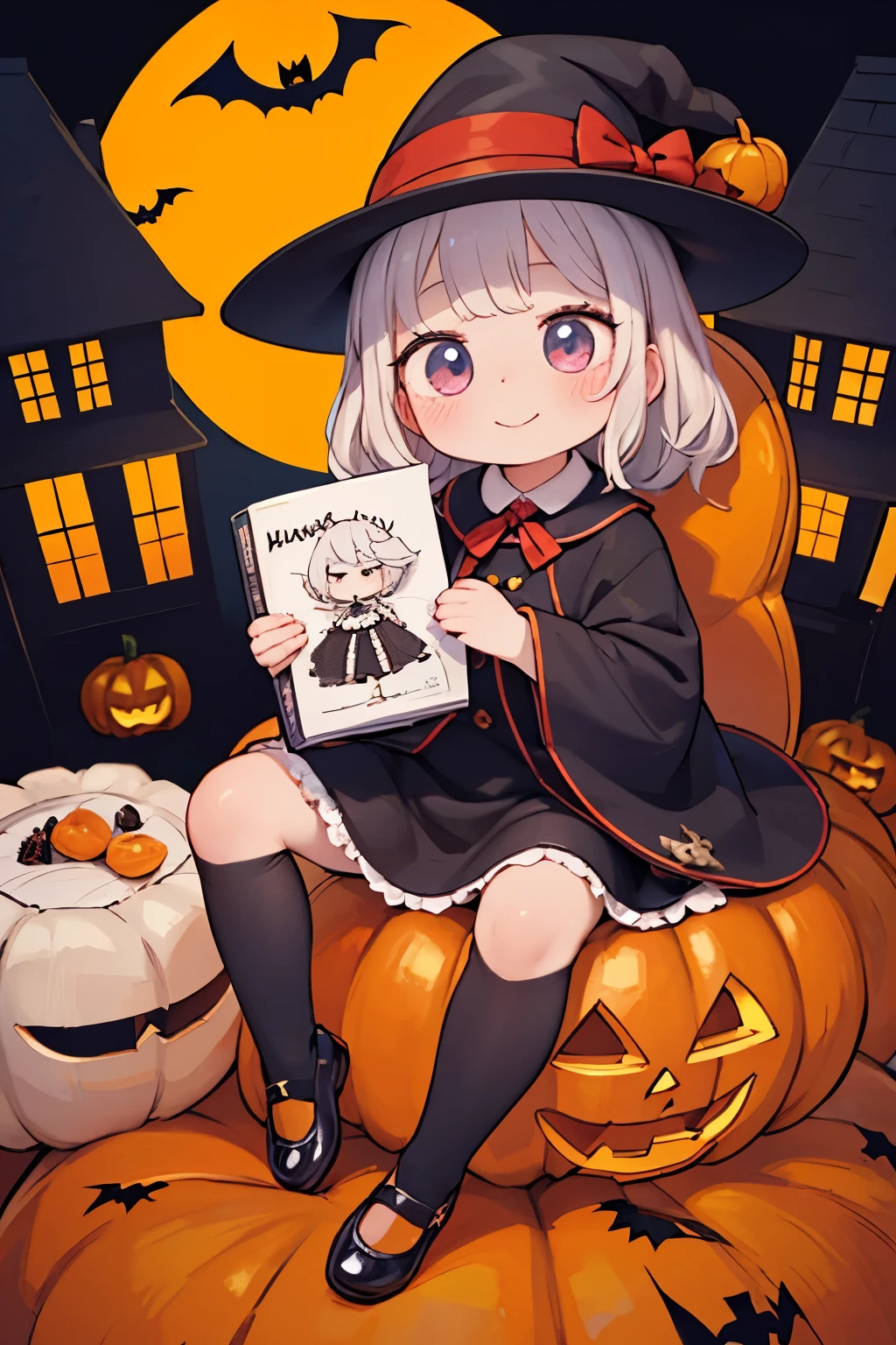 photorealistic 、Cute black chibi doll with a cute Halloween theme 、Mini Halloween Doll、smile、 The Wand and the Magic Book、Glamorous hat、Halloween Accessories、 draw clothing buttons and pockets in Halloween style、Cute Shoes