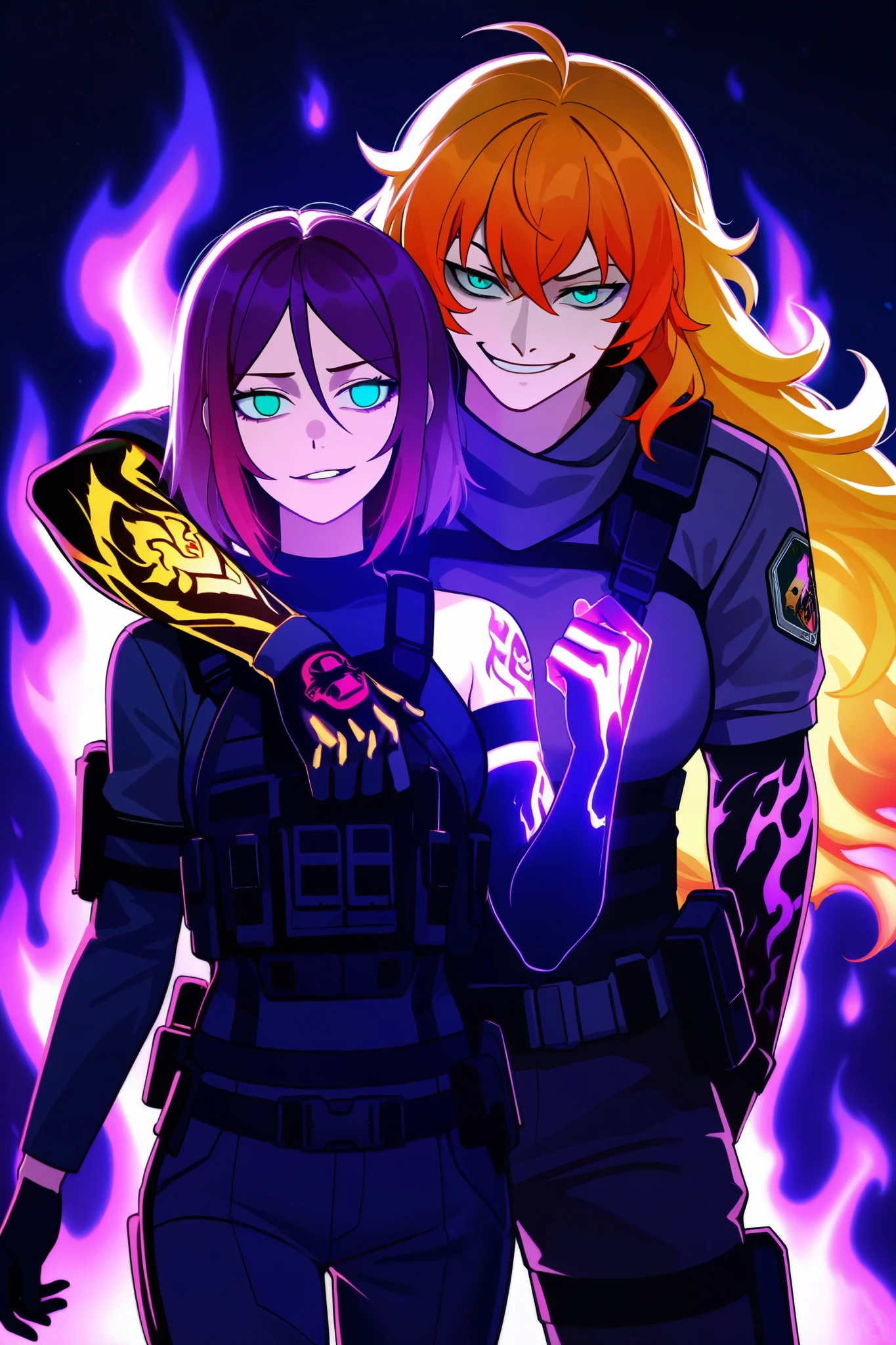 1 man (red hair, teal eyes, tactical gear, no emotions), 1 woman (yang xiao long, purple hair on fire at the bottom, glowing purple tattoo sleeve on right arm, sinister smirk,)