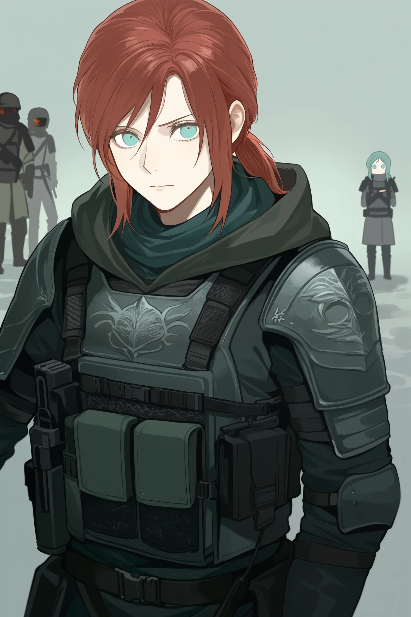 1 man (red hair, teal eyes, tactical gear, no emotions), firekeeper (Dark souls 3)