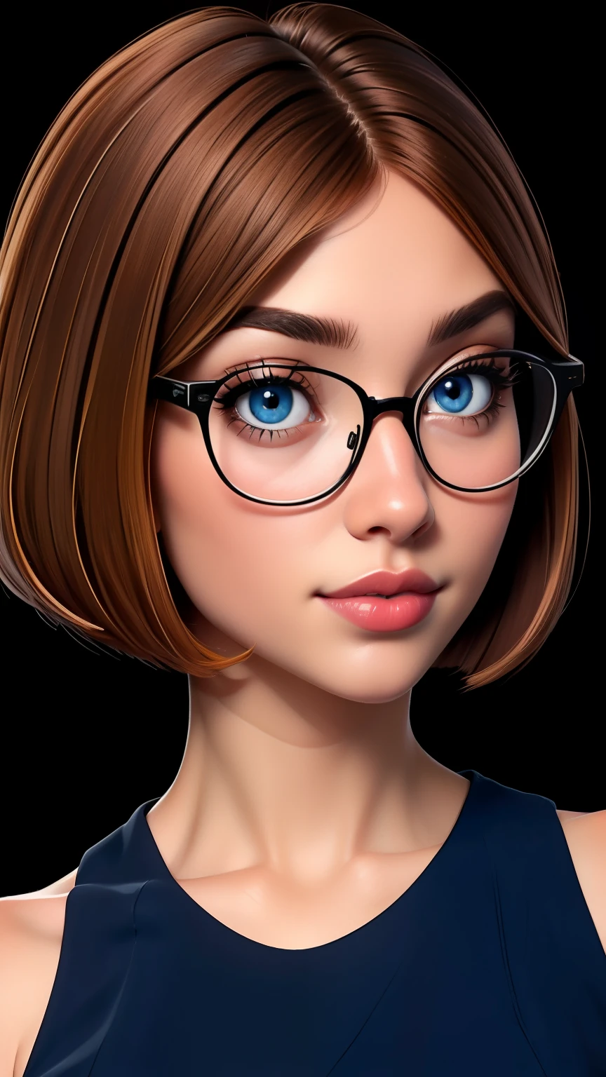 glasses, curvy, bbw, light hazelnut hair, bob haircut, blue eyes, full lips, black background, high quality photography