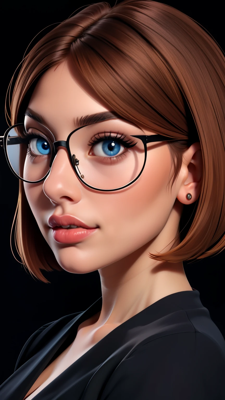 glasses, curvy, bbw, light hazelnut hair, bob haircut, blue eyes, full lips, black background, high quality photography
