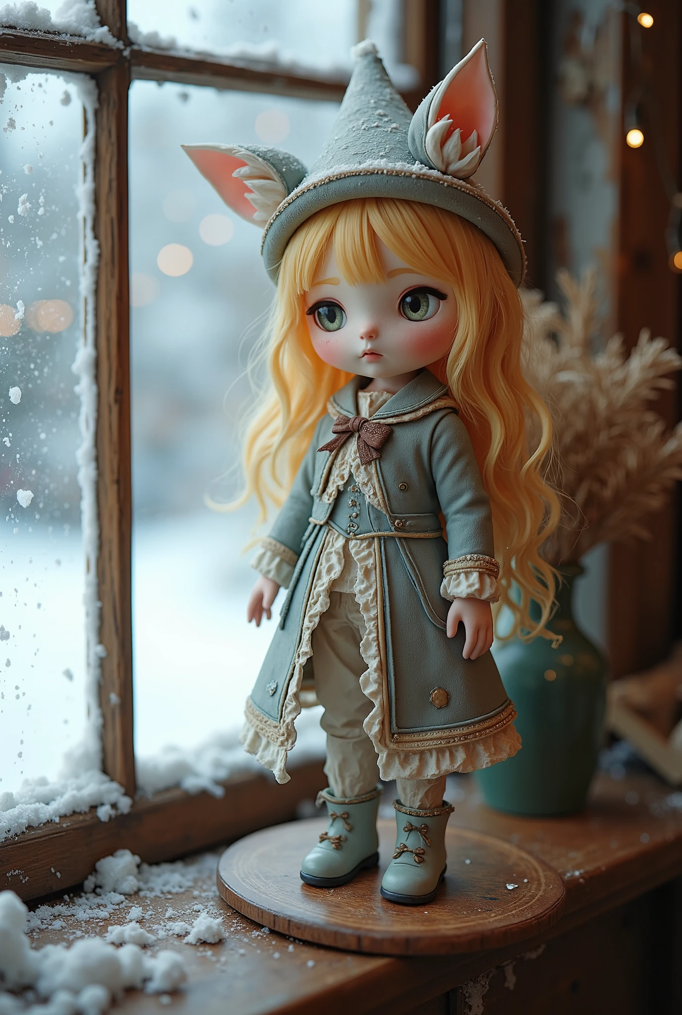 is a photorealistic image of a 10-inch doll, and the details of the 、 doll's fantasy outfit and sculpture are sharply defined。It's placed on the window side and the outside of the window is a snowy landscape。