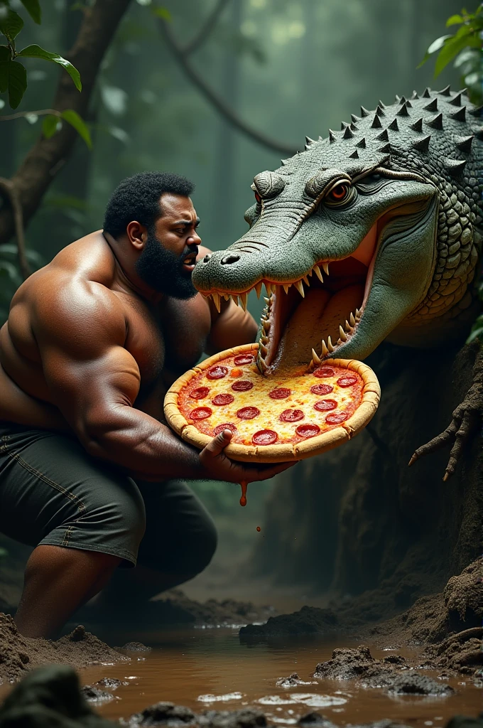 Crocodile and black man eat pizza at night in dark forest