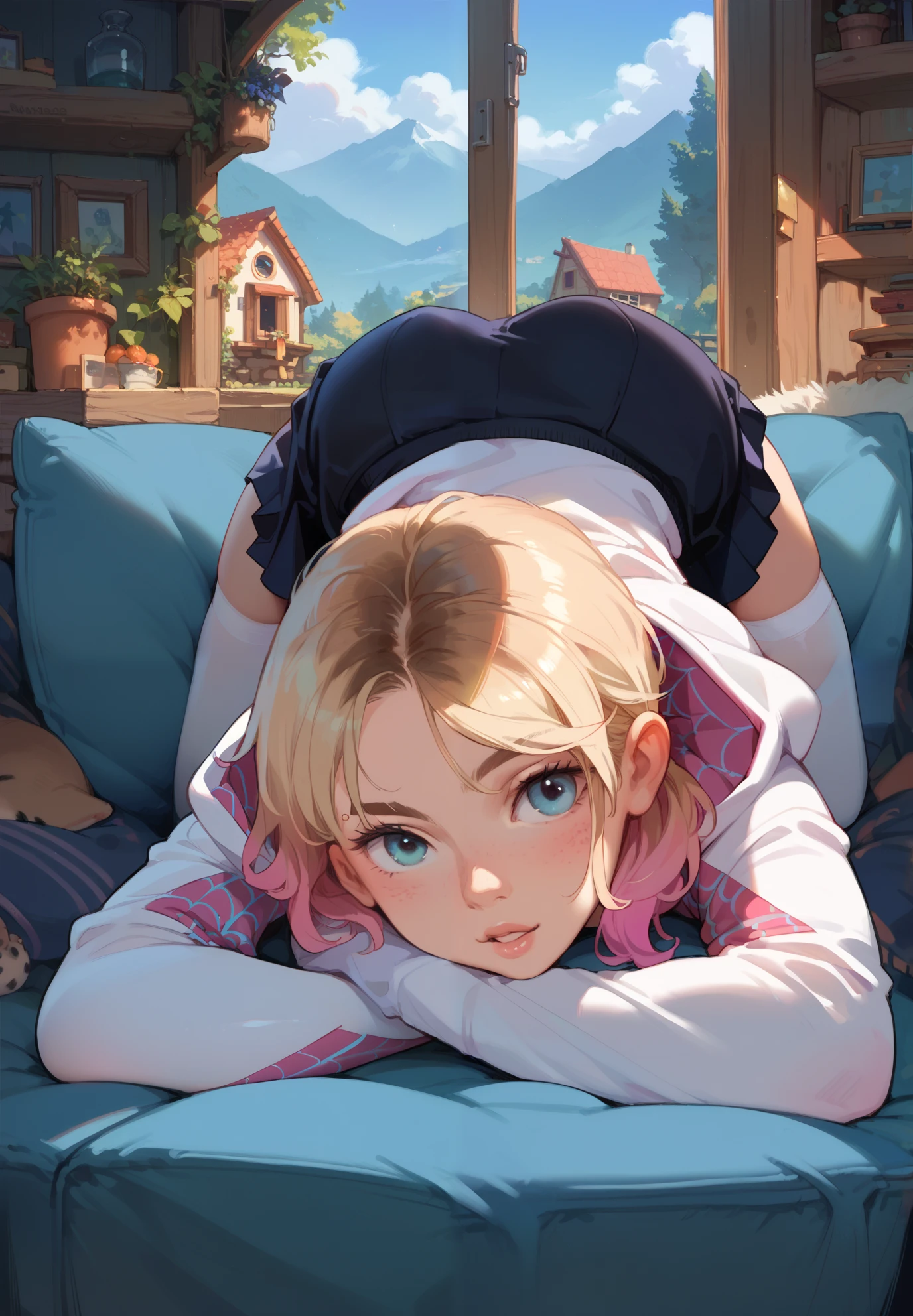 1girl, solo, Gwen Stacy, Spider Gwen, parted lips, hoodie, skirt, white stockings, detailed body, kneeling on couch, from behind, ass up, sexy pose, mountain cottage, (night time:1.2), cinematic lighting,