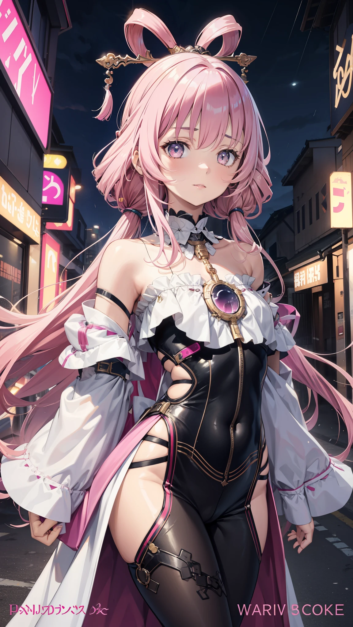 portrait, 1 Girl, pretty face , asymmetrical hair, Colorful hair, sash, Bodysuit , Cover your mouth, cover navel , separated sleeve , pink hair,grey eyes , hip vent , Slit Jacket, charming, watching the audience, Night City, neon , rain,