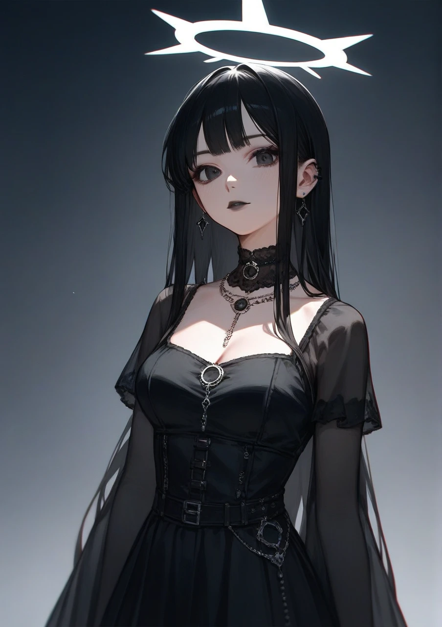 Long black haired goth girl with red eyes straight hime cut bangs and a black dress rose choker necklace black earrings night time bored large breasts black lipstick
