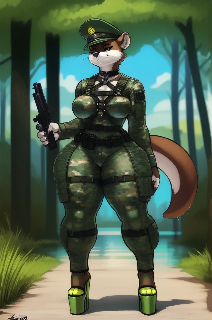 score_9, score_8_up) score_7_up, score_6_up, solo, futanari, tiger, kemono, anthro, cute, short hair, blue eyes, white pupils, sexy, orange fur, tactical harness, thigh high boots, assassin, (mesh body suit:1.2), unzipped leotard, small breasts, forest background, latex, pistol, huge penis, huge glans,