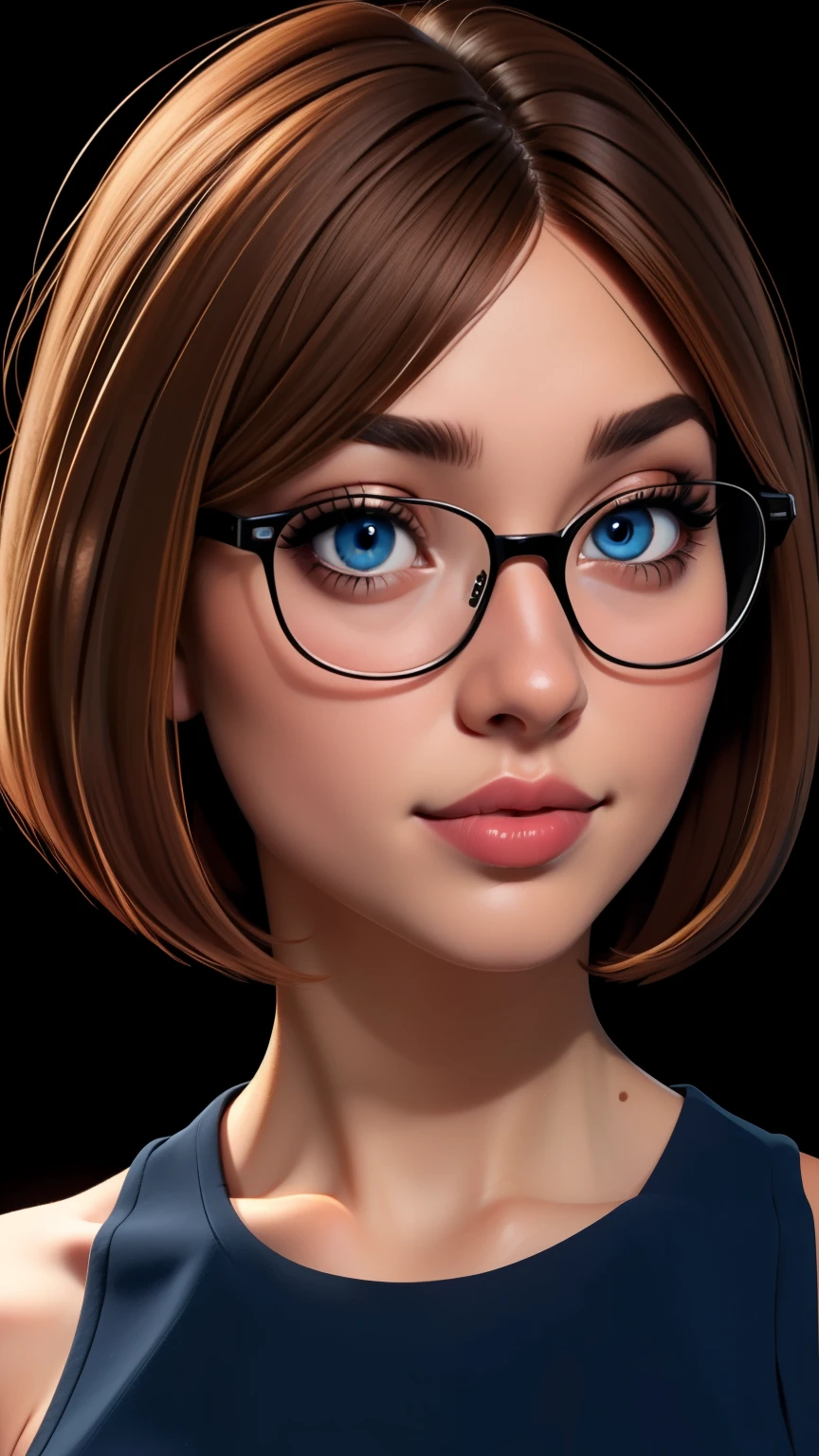 glasses, curvy, bbw, light hazelnut hair, bob haircut, blue eyes, full lips, black background, high quality photography, half body portrait.