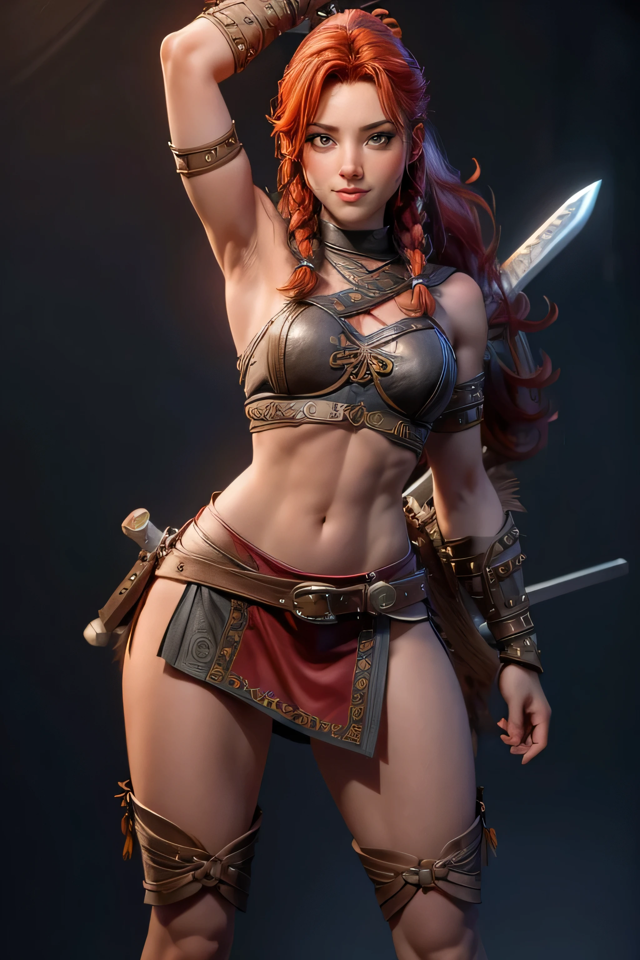  Young Viking woman , warrior,  long red hair tied in a single braid ,  amazonian body ,  generous hips , curvilinear, armed with sword ,  wears leather armor with leather linings and Celtic and Nordic knots, fur skirt, highest quality,  masterpiece , super detail,  lyrics,  cinematic lighting , bottomless, smile.