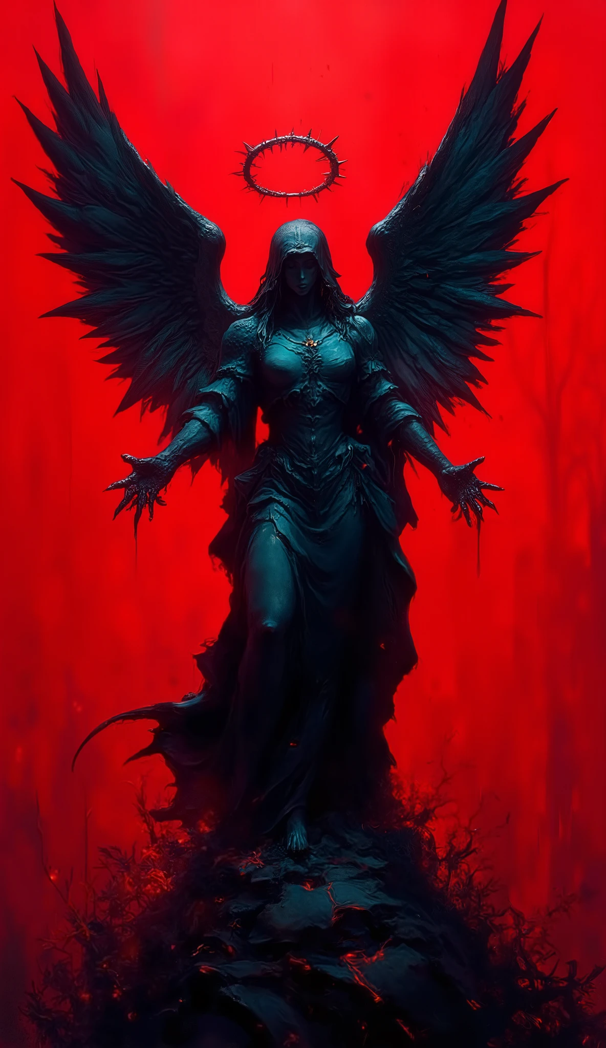 [Angel statue, standing amidst overgrown vegetation, serene yet ominous, bathed in hellish red light], [Digital painting, expressive brushstrokes, painterly], [Greg Rutkowski,  inspiration from Artgerm's dramatic lighting], [High contrast, vibrant red background, dark teal/blue statue, impasto texture, rough brushstrokes, focus on the statue, shallow depth of field implied, dramatic lighting from above,  slightly desaturated colors except for the intense red,  some smoke or energy effect around the angel's wings, overgrown vegetation at the base suggesting decay or abandonment]