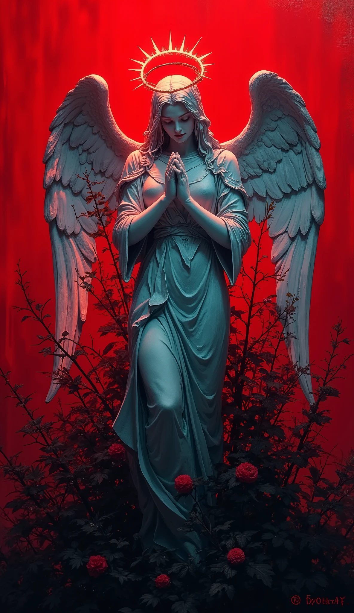 White angel statue, standing amidst overgrown vegetation, serene yet ominous, bathed in hellish red light], dramatic lighting], [High contrast, vibrant red background, dark teal/blue statue, impasto texture, rough brushstrokes, focus on the statue, shallow depth of field implied, dramatic lighting from above, slightly desaturated colors except for the intense red, view shot from below