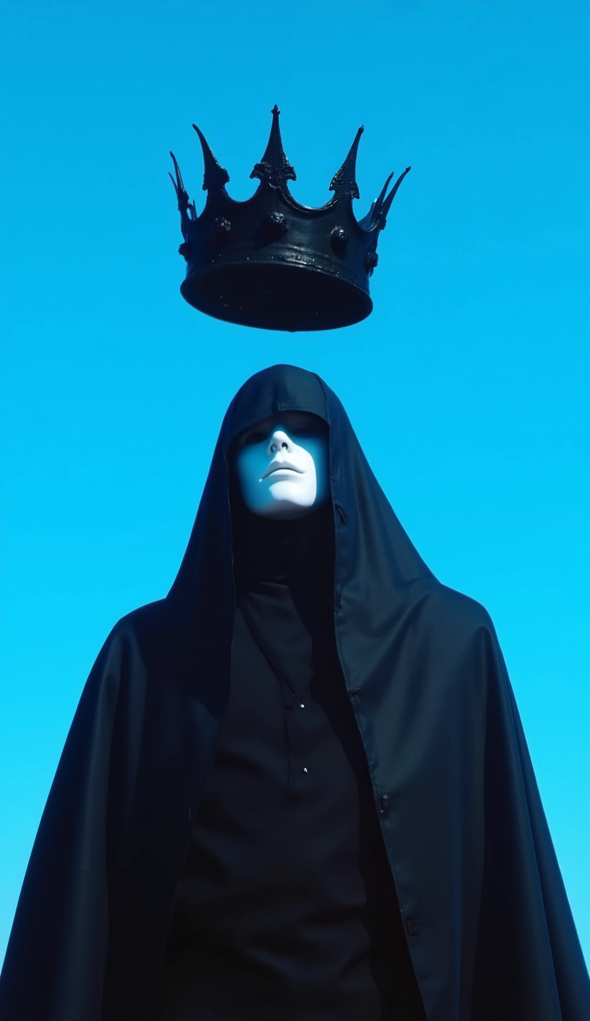 A cloaked figure wearing a white mask, standing forlornly beneath a floating black crown against a vibrant blue sky, conveying a sense of melancholic royalty and hidden identity], [Surreal photography, minimalist], [No specific artist reference], [Shallow depth of field, focusing on the figure;  bright, clear blue sky;  contrasting black and white colors; matte texture on the cloak and crown; minimal background; realistic rendering; natural lighting.