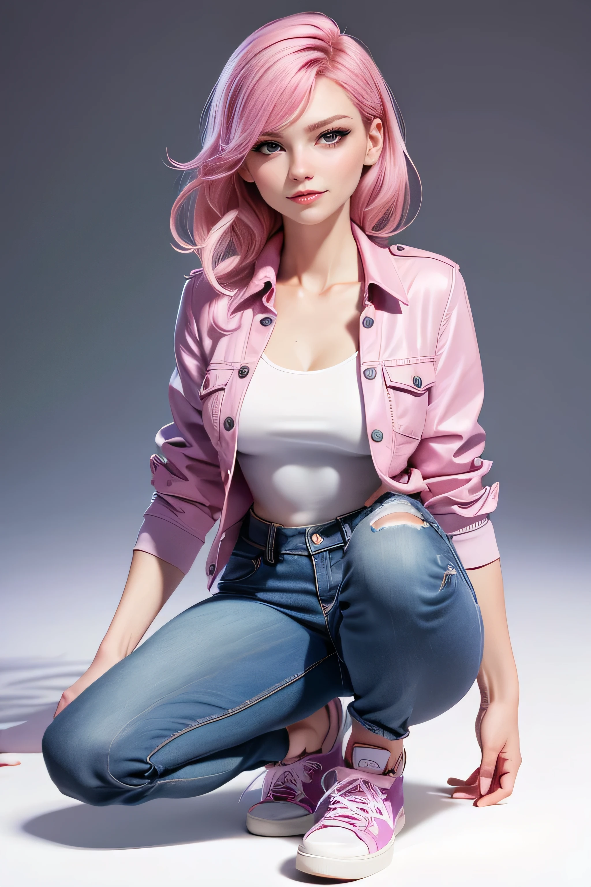 Young woman, light pink hair, violet eyes, slim body, smile, blush, super model, short jacket, well-fitting blouse , tailored jeans , classic sneakers, top quality, masterpiece , super detail, lyrics, natural lighting , plain white background , without patterns, No textures.