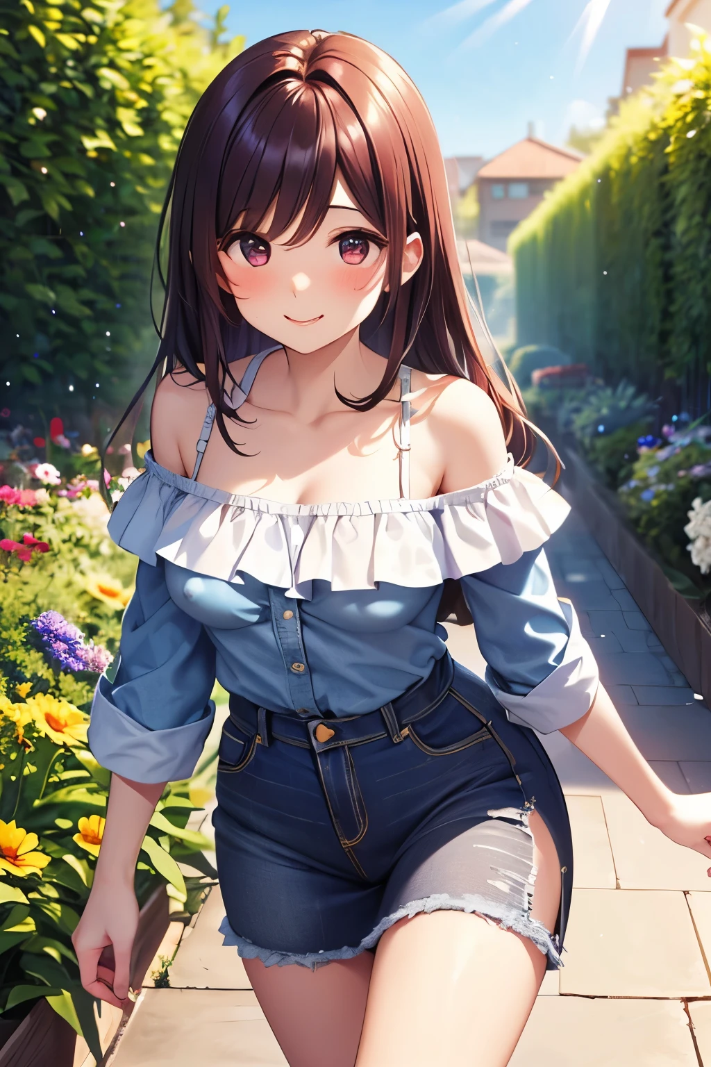 ultra - detailed，tmasterpiece，Best quality at best，love letter，Blushlush，Yazawa Nico,red eyes, Blunt hair, 1female、Camisole denim vest、denim short，Ancient style China、White bun hairstyle， brunette color hair、chubbiness、ssmile、White suspender tights、Tights lace trim、jumpsuit，pale pink lip、posing on a，drenched all over the body，face flushed，backpacks，Smile，greet，at park