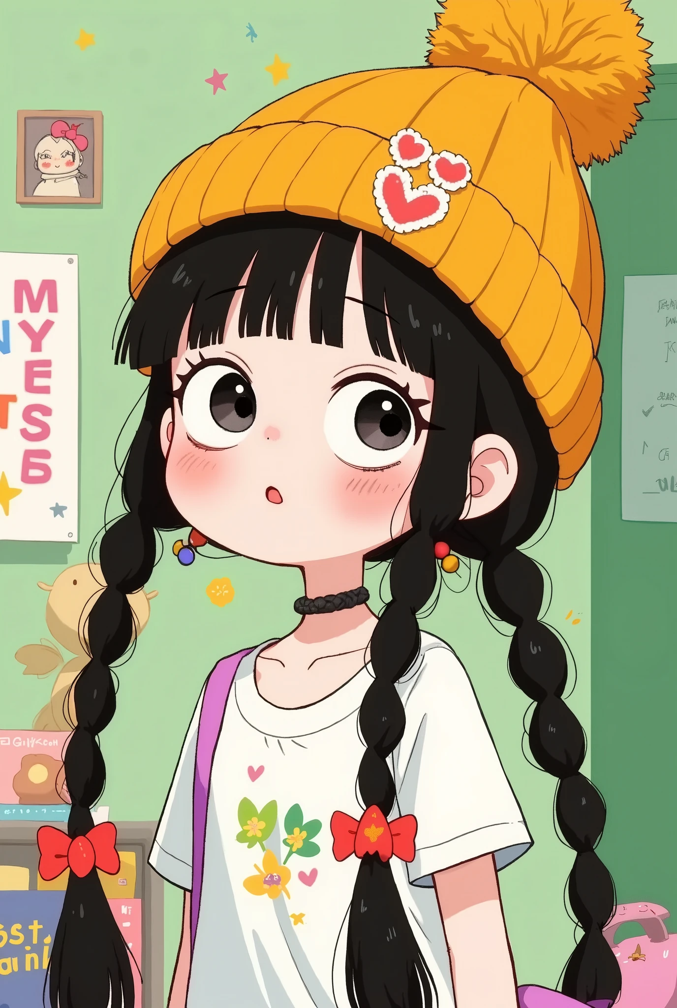 cartoon girl with long braids, Lovely art style, cute kawaii girl, Cartoon cute , Lovely Anime Style , In anime style, Cute cartoon style, Soft and cute virtual anchor, Cute realistic portrait, green theme