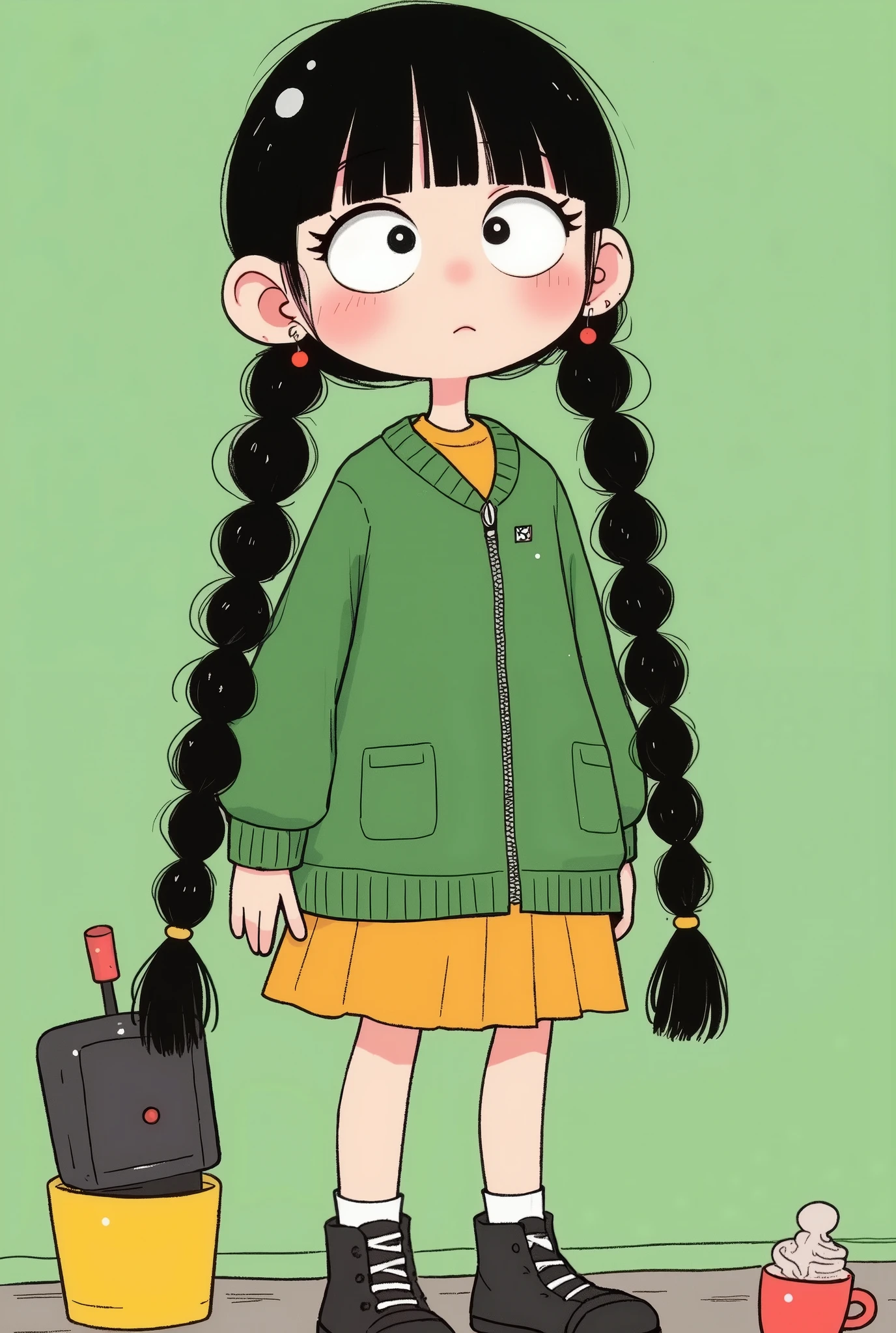 cartoon girl with long braids, Lovely art style, cute kawaii girl, Cartoon cute , Lovely Anime Style , In anime style, Cute cartoon style, Soft and cute virtual anchor, Cute realistic portrait, green theme