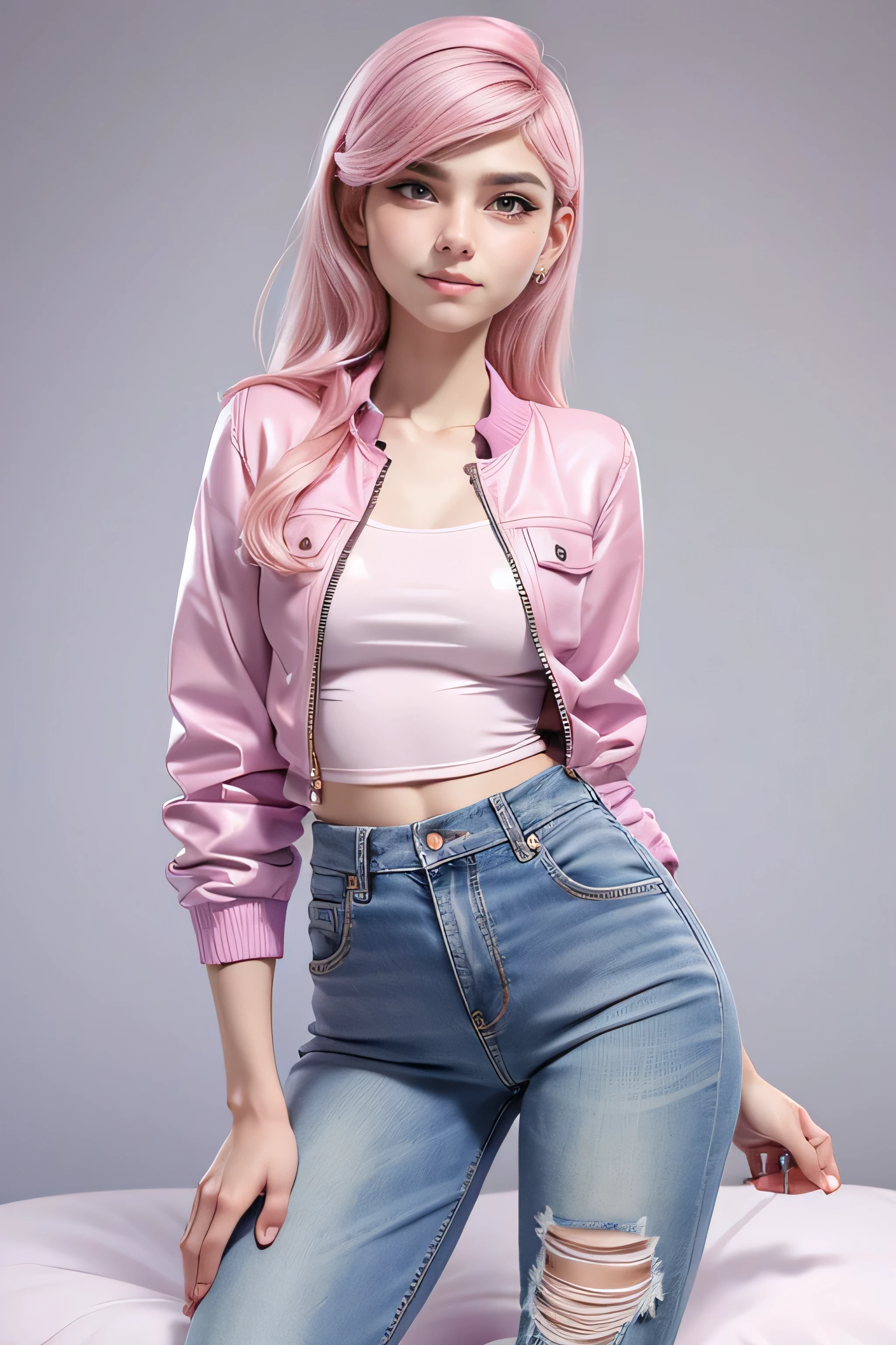 Young woman, light pink hair, violet eyes, slim body, smile, blush, super model, short jacket, well-fitting blouse , tailored jeans , classic sneakers, top quality, masterpiece , super detail, lyrics, natural lighting , plain white background , without patterns, No textures.