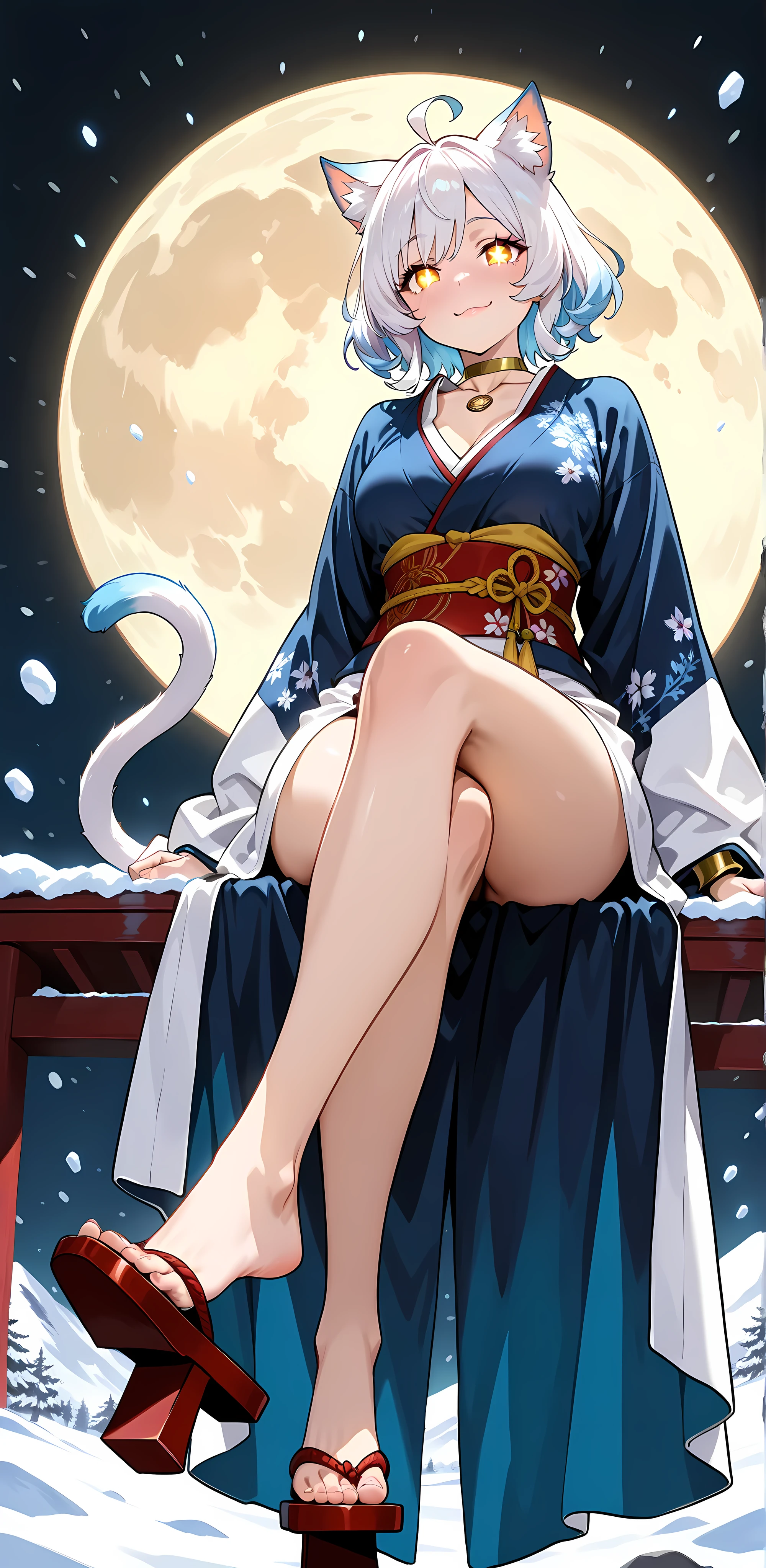 8k, (masterpiece), best quality, perfect face,perfect body, 1 woman, 1female, 1 girl,solo,detailed skin, detailed skin, , 1girl, solo, mature female, intricate eyes, expression, badass, beautiful face, lips extremely beautiful lips, (high blue metal tengu-geta), (view from behind), view from the back, face looking behind, pov on her back , dynamic angle ,, focus feet, full mouth, shiny skin, traight-on, thick outlines, mature female, milf, (cat_girl walking in snow), ((white hair)), cat_ears(she is wearing a long onmoyoji clothes), best quality, extremely detailed CG unity 8k wallpaper, highres, athletic muscle,highres, perfect body, ((perfect anatomy)), cat eyes,   long eyelashes, collarbone, , absurdres, high res, ultrasharp, 8K, masterpiece, in style of Hans Hartung,in style of Heinrich Lefler,in style of Barbara Takenaga-【Special dot pattern】-,in style of Aleksi Briclot, character concept design, toned body,wide hips,voluptuous body,light makeups, dynamic view, back view,,  masterpiece,best quality,highres,absurdres,newest shot, , perfect face,, empty gradient, perfect face, flawless face, drunk expression, sexy expression, ((ultra detailed art)), top art, k source_anime 1girl, gold eyes, gold item, wavy hair, medium hair,  A short bob with soft waves, dyed white blue, sleeveless turtleneck,  bigger_breasts, ahoge, dynamic view, night, (bare-foot),  light and shadows,  Onmyoji in a mystical kimono, (geisha), layered navy-blue and white silk, cherry blossom patterns, celestial embroidery on wide sleeves, ornate obi with jade charms,ethereal lighting, cat_tail,wearing a gold Choker necklace and gold arm jewelry, (drunk smile), cute and sexy, blush, glowing eyes, expression, crossed legs, high heels, sitting, toes nailed,, (view from feet), (NSFW is not safe for artwork),(realist,photorealist,fotorrealista:1.37), (High DefinitionR,High Definition), (portrait), (vivid colors), (long legs),,Byeob,moon,,petal,sexy,