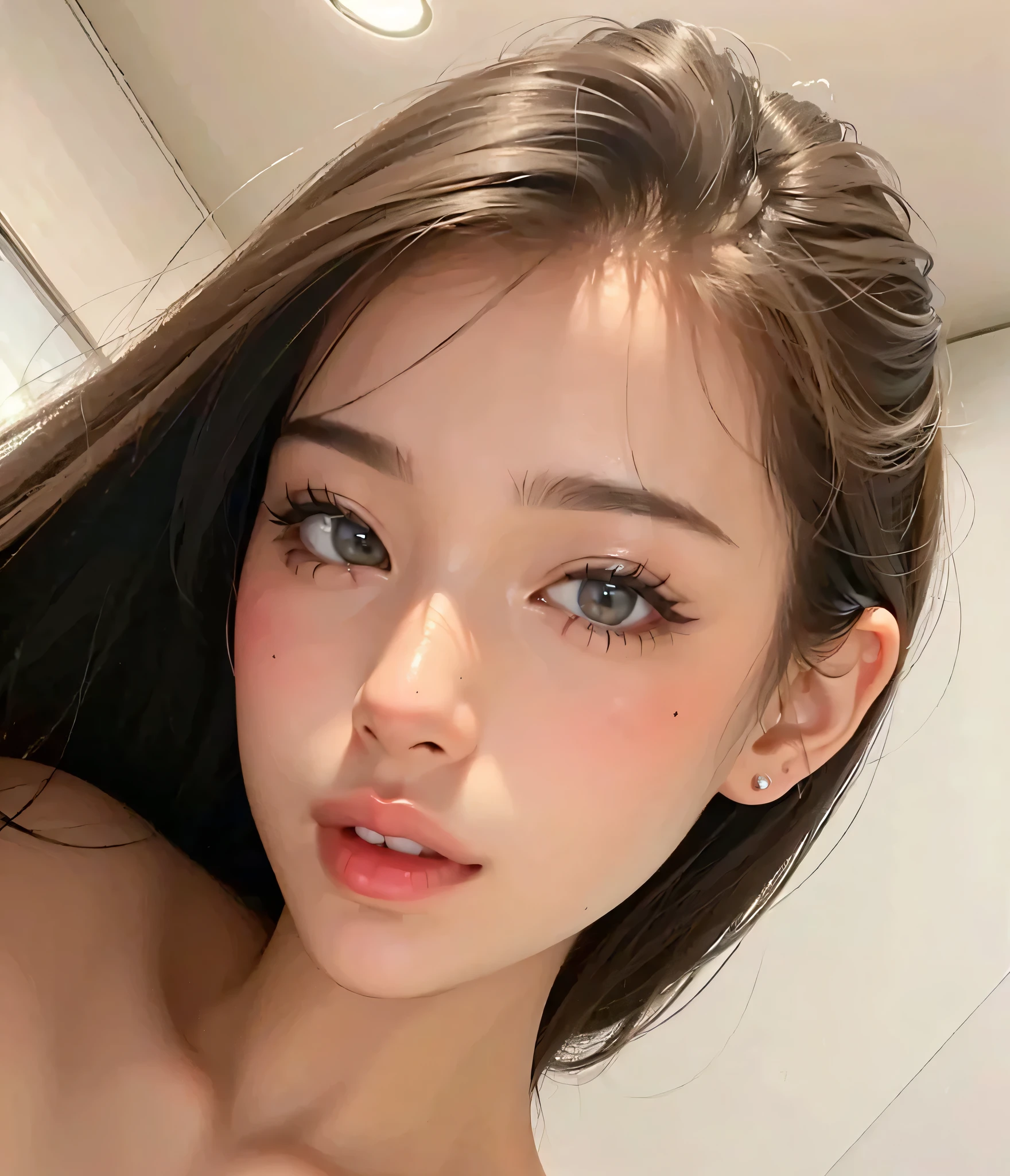 (Best Quality, 8k, High resolution, photorealistic:2.0), (Alone, A girl:2.0),(photo taken with flash:1.9),(illuminate the topic:1.8),(Ultimate Beautiful Girl:2.0),(shiny skin),(oily skin),(by rubio:1.7),(short hairstyle:1.5),(fresh beauty:2.0),Blush Brown Makeup , dark eye makeup , Wear bright pink lipstick,(girl with big bright eyes:1.5),(droopy eyed girl:1.5),(blue eyes:1.5),(thin girl:1.5),(baby girl face),(sexual attraction),(sweet smelling girl),(A girl que trabaja a tiempo parcial en un museo de arte.:1.3),(she works for low wages:1.5),(kind hearted woman:1.5),(ella tiene una Nice smile:1.3),(woman with a happy look:1.3),(She is very sociable),(from a very poor family:1.5),(virgin girl),(She is a secret pervert..),(she covertly lascivious),(she looks so erotic),(Preserving virginity for devout Christians),chuuChloe,(A woman with very soft breasts.),(woman fantasizing about sex),(seduction),(masturbation enthusiast:1.5),(stunning eyes:1.5),(clean girl),(affability),(fitted dress shirt),(Nice smile),(open mouth),(Hang)
