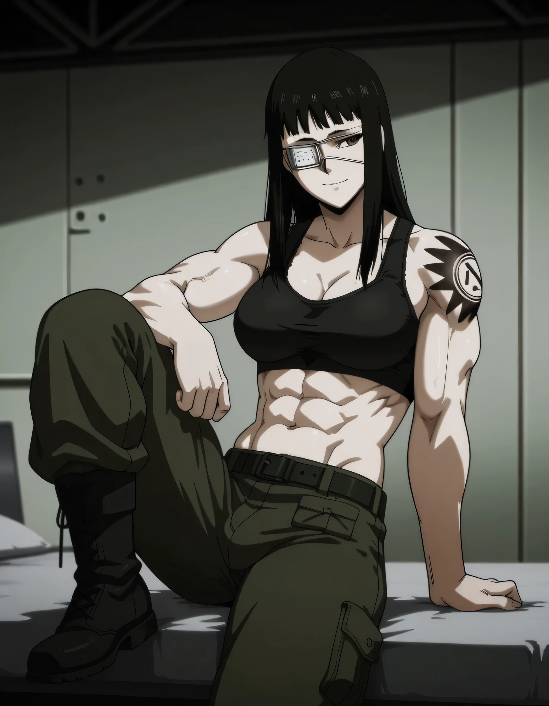 masterpiece, best quality, 1girl, valmet, eyepatch, yellow eye, tattoo, black hair, long hair, muscular, tank top, abs, pant, solo, standing, contrapposto, simple background <lora:Valmet:1>