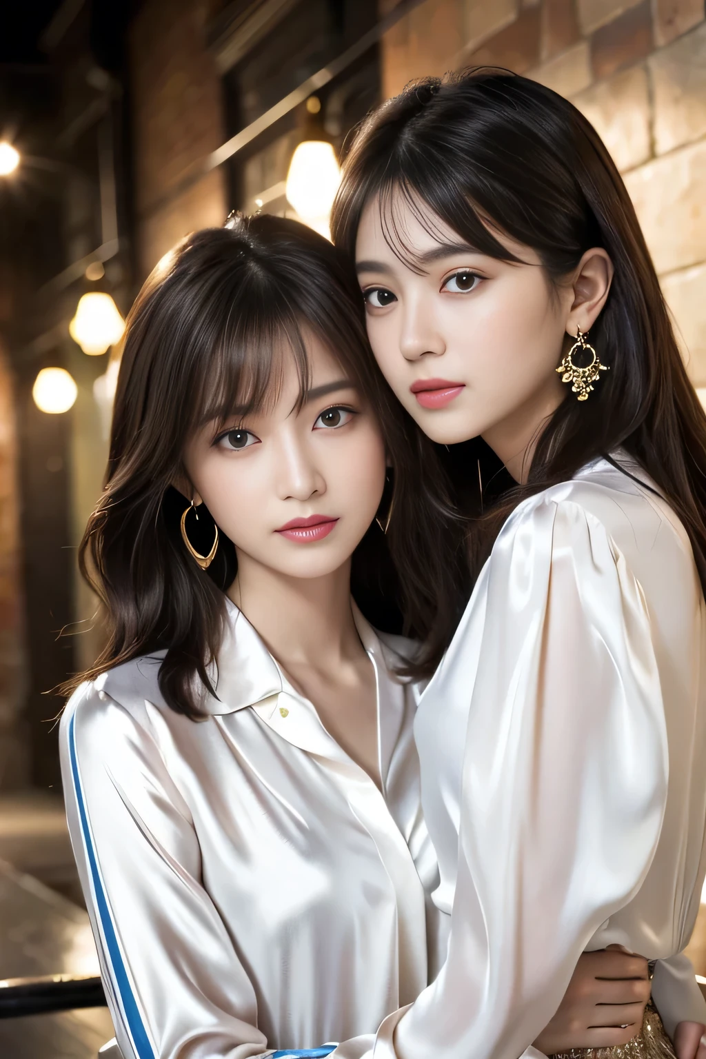 masterpiece、 best quality 、 real 、 Trendy and very detailed 、 Fine Details 、 high resolution 、 8K wallpaper 、 Two beautiful twin women 、 wear a colorful silk blouse 、 I only have 5 fingers 、 At night 、 light brown disheveled hair 、 perfect dynamic composition 、 beautiful eyes 、 Big Earrings 、 椅子に座る