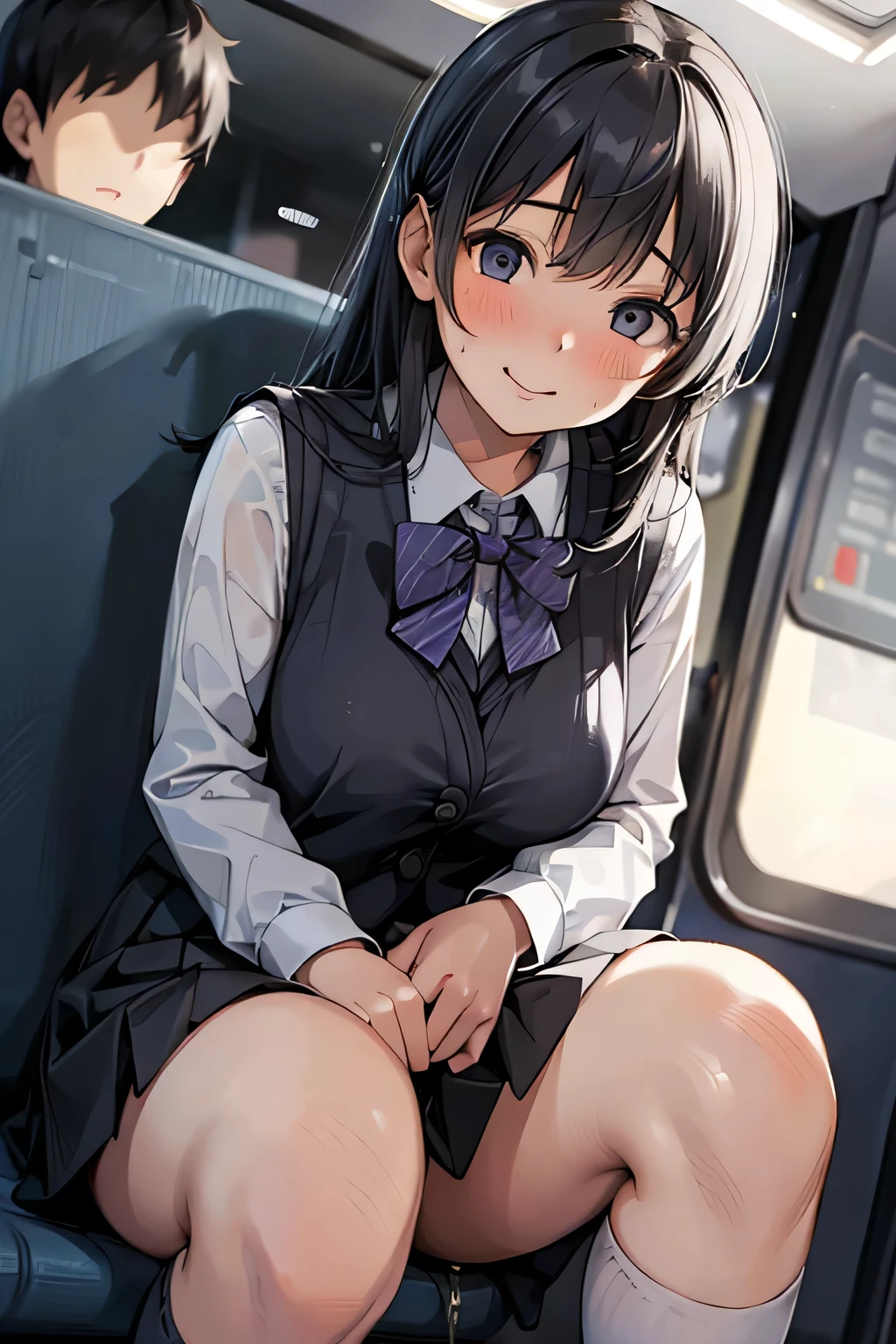 (Masterpiece, highest quality, high resolution, realistic photo, realistic looking skin:1.1),
(The woman is crouching with her legs closed with both knees and thighs together: 1.8),
(We are sitting directly in front of her to see her panties: 1.8),
(She is resting both elbows on her knees and resting her cheekbones on her cheekbones:1.5),
(glimpse of panties:1.5),
(She has a smirking smirk on her face:1.5),
(She is a cabin attendant and is wearing a cabin attendant uniform of short sleeved shirt, vest and mini skirt:1.5),
(She wears a ribbon around her neck and a name plate on her left breast:1.5),
(She is wearing black pumps: 1.5),
(Her panties are white:1.5),
(She has medium black hair: 1.5),
(Location: airport hallway:1.5),
1 Japanese girl, solo, full bodied esbian, beautiful eyes, shining eyes, shining thighs, NSFW