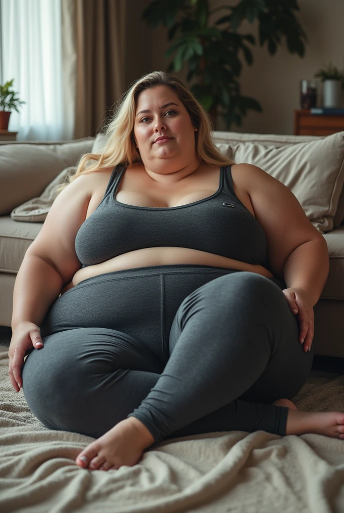 Chubby, Fat woman, 40 years old white Caucasian mature woman inside her house topless, day time, Mississippi, Gulfport, long straight blonde hair, casually and daily dressed, sweatpants pants, shoes, big hips, thick thighs, casual clothed, Full Body Shot, from above view, no makeup, messy hair, morning face, chubby MILF, t-shirt, tan lines, topless, shirtless, small brown teat, bbw, saggy MILF natural big breasts, tanned 