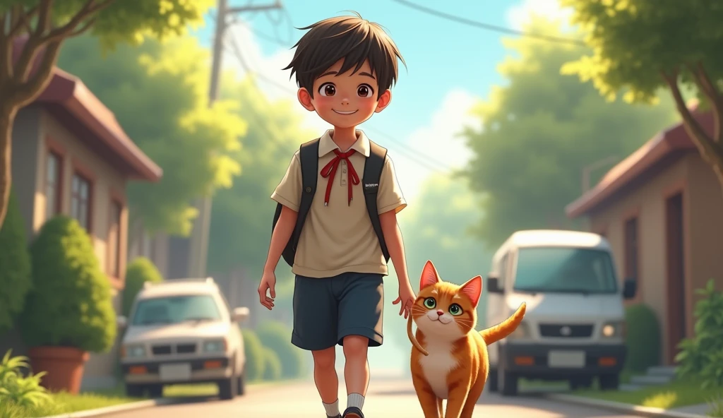A very charming little boy with a backpack and his cute kitty enjoying a lovely spring outing surrounded by beautiful yellow flowers and nature. The illustration is a high-definition illustration in 4k resolution, featuring highly detailed facial features and cartoon-style visuals. boy wearing yellow suit.