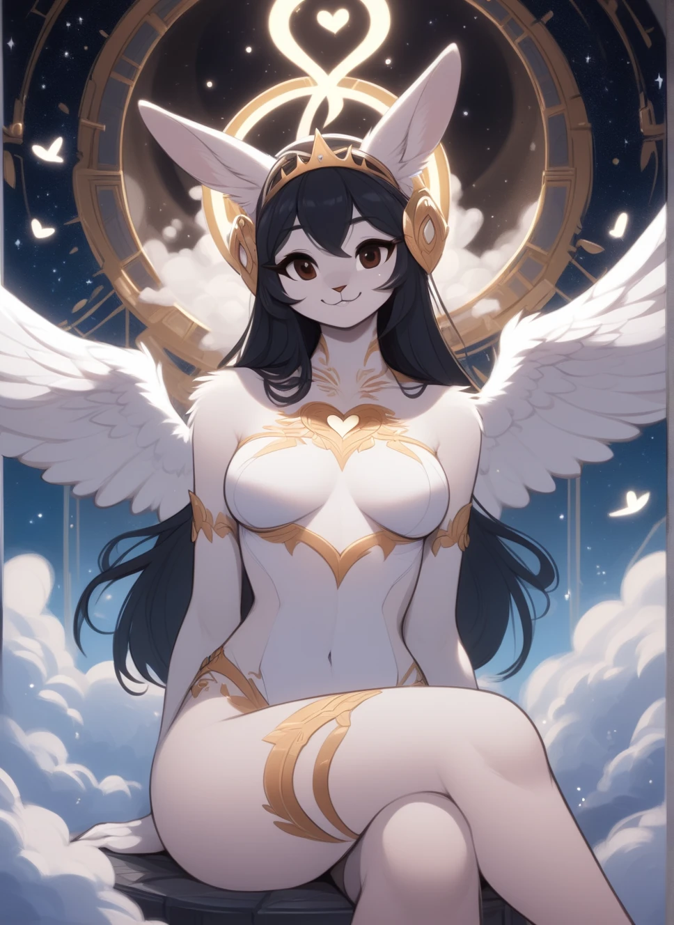 best quality,best resolution,(fluffy anthro furry :1.3),(young :1.3),cat girl,small breasts,black long hair,wavy hair,sparkle eyes,white fur,naked,gold bracelets,gold body accessories ornaments,floral hair ornaments,gold body ornaments,floating in the air,shiny angle wings on back,panoramic view,golden clouds background,gold sunbeam,light and shadow,looking at viewer,full face blush,naughty face,grin,shiny armpits,bare foot