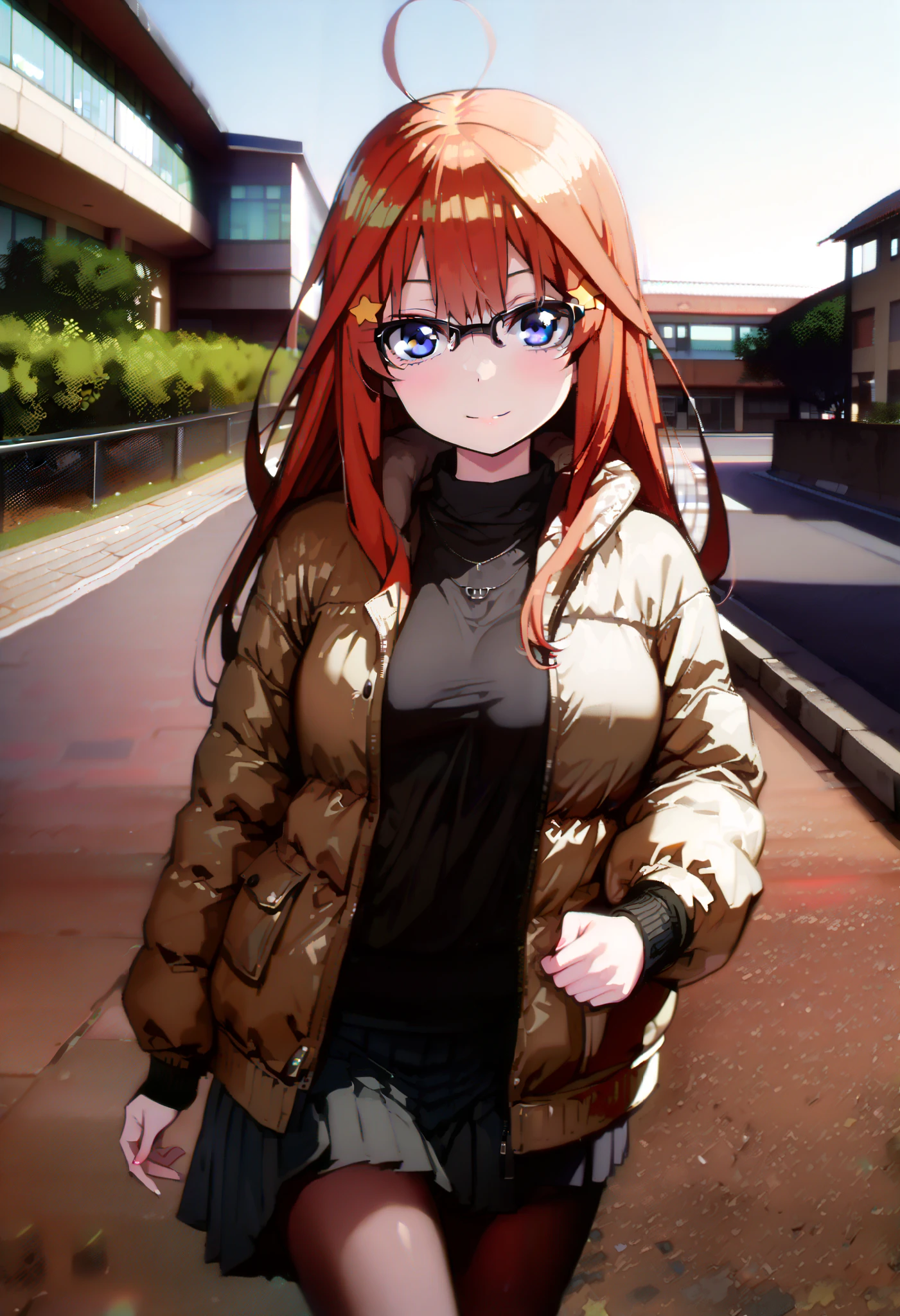 Nakano Mizuki , stupid hair, long hair, blue eyes,star ( symbol ), half rimless glasses, underrim eyewear , star 髪飾り, Red Hair,Big Breasts,smile,red, mouths, White Breath, down jacket,( sweater :1.2),( turtleneck:1.2),redマフラー,Black long skirt, black tights, short boots, walking behind,winter,whole bodyがイラストに入るように, break looking at viewer,whole body,
break outdoors, University,School building,building,
break (masterpiece:1.2), best quality , kampala,unity 8k wallpaper,(shape:0.8),( fine, beautiful eyes :1.6),It's a person ,whole body写真,CG Details , (perfect hand, complete anatomy),