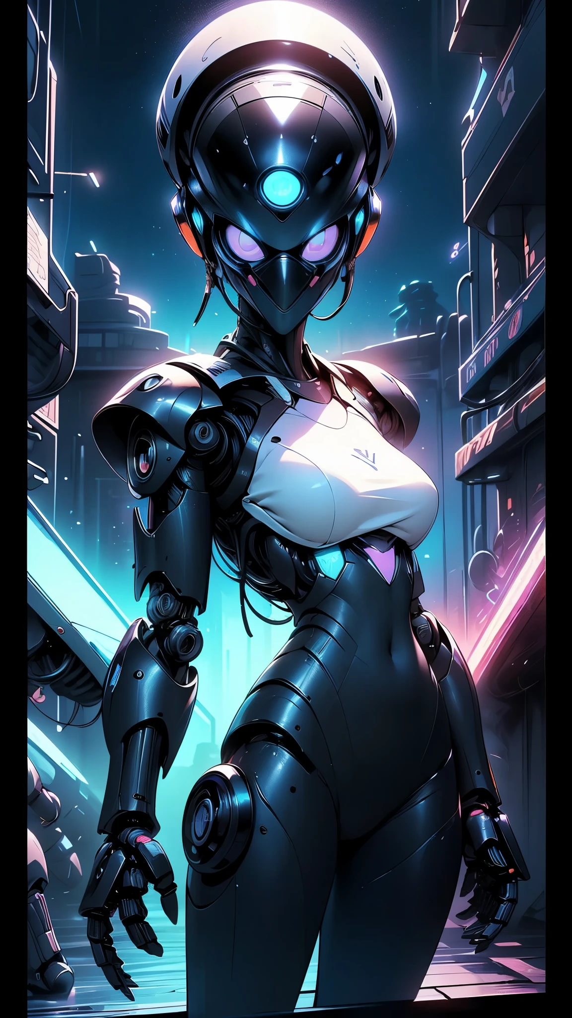 sexy pose, cyberpunk girl with perky breasts, robot bikini thong, robot mask, futuristic, intricate details, mechanical elements, neon lights, dark atmosphere, glowing eyes, chrome, hyper-realistic, cinematic lighting, masterpiece, 8k, photorealistic