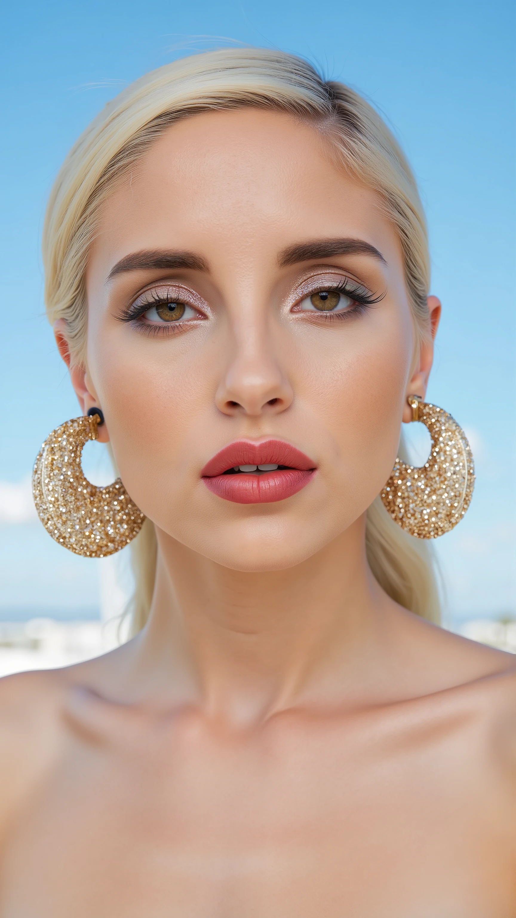 A hyper-detailed, avant-garde facing forward shot photograph featuring a striking woman with pale light skin against a clear, light blue sky. Her nude high-angle mid shot highlights the smooth texture of her flawless complexion. Shimmering metallic eyeshadow enhances the depth of her piercing gaze, while her glossy, deep red lips create a bold contrast to her skin. Large, intricately detailed golden hoop earrings reflect light, contributing to her modern allure. She is fully naked The reflective surfaces of her earrings and outfit create a dynamic interplay with the environment, emphasizing her sleek presence. The minimalist background allows the viewer to focus on her eye-catching fashion and makeup. Captured with a Sony A7R IV camera and a 50mm f/1.2 G Master lens for a beauty editorial shoot, this composition highlights her fashion-forward aesthetic. Inspired by avant-garde fashion photography from Sølve Sundsbø, this image blends contemporary fashion and minimalist elegance, embodying mythp0rt and niji_flux styles for a sleek, high-fashion vision. ((glow_skin, iridescent skin, oily skin, portrait)). ((no logo))