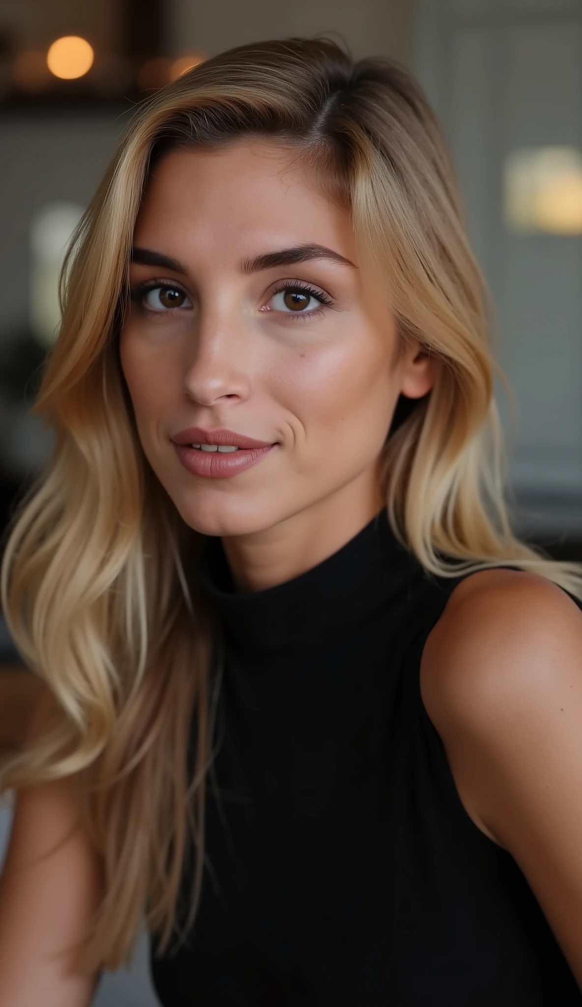 This is a beautiful  closeup photograph of a woman, she has long straight blonde hair swept to one side and dark blue eyes.  Wearing a form fitting  black dress,  Sitting in a cafe. Flirting at the viewer. Smile, Captured with a Sony A7R IV camera and a 50mm f/1.2 G Master lens for a beauty editorial shoot, this composition highlights her fashion-forward aesthetic. Inspired by avant-garde fashion photography from Sølve Sundsbø, this image blends contemporary fashion and minimalist elegance, embodying mythp0rt and niji_flux styles for a sleek, high-fashion vision. ((glow_skin, iridescent skin, oily skin, portrait)). ((no logo))