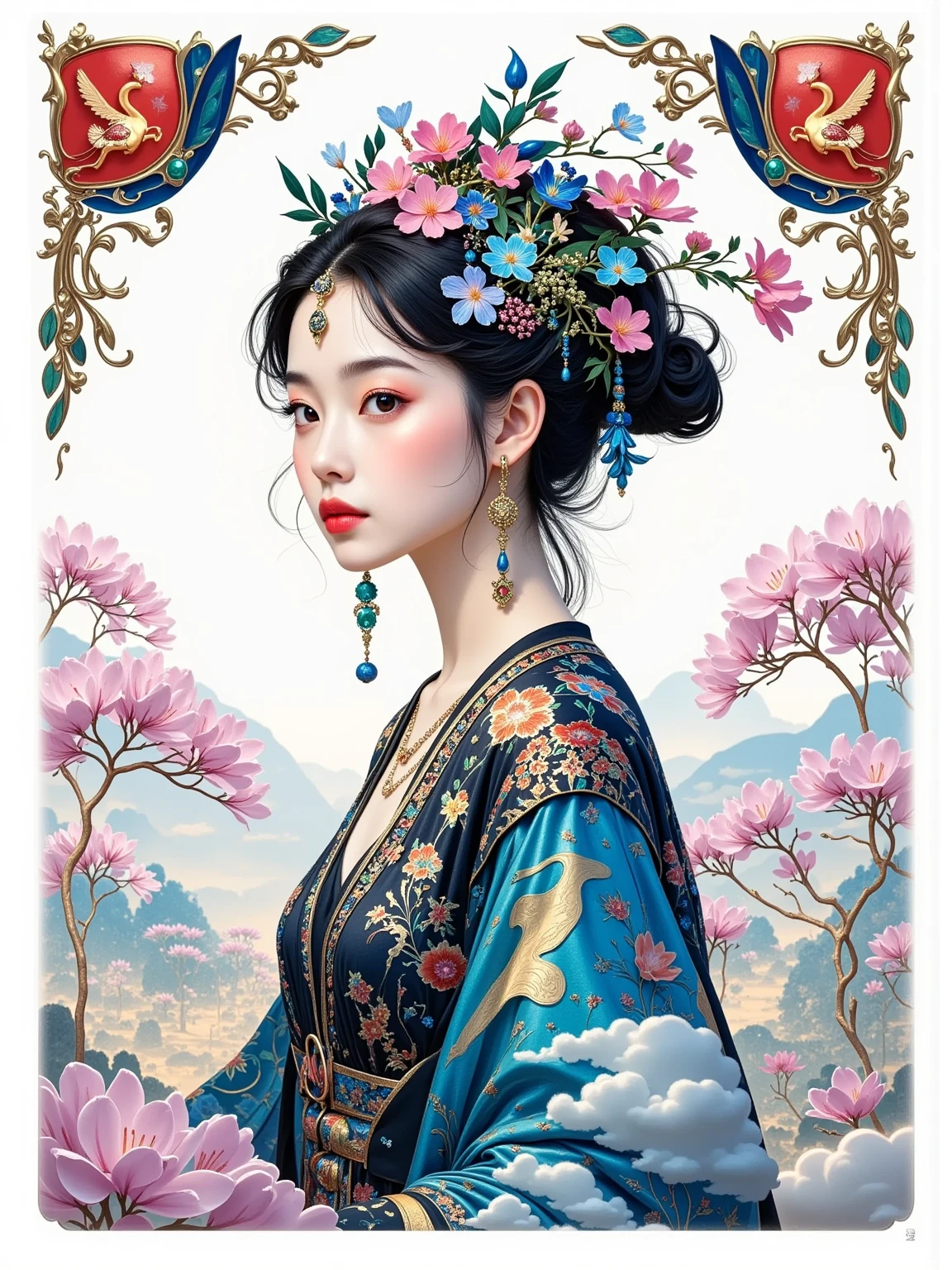 Metallic color, Hieronymus Bosch, beautiful scenery, behance, clean lines, flat illustration, collage style, various historical elements of Gongyi, Gongyi Museum, Luo Shen Tu, Feitian Tu, Northern Song Dynasty hairpins, headdress, all patterns use a nine-color Deer shape presentation, Chinese elements, beautiful colors, high density, full of details, white background, poster design, complex and simple contrast, prominent patterns, commercial illustration, minimalism, combined with Dunhuang