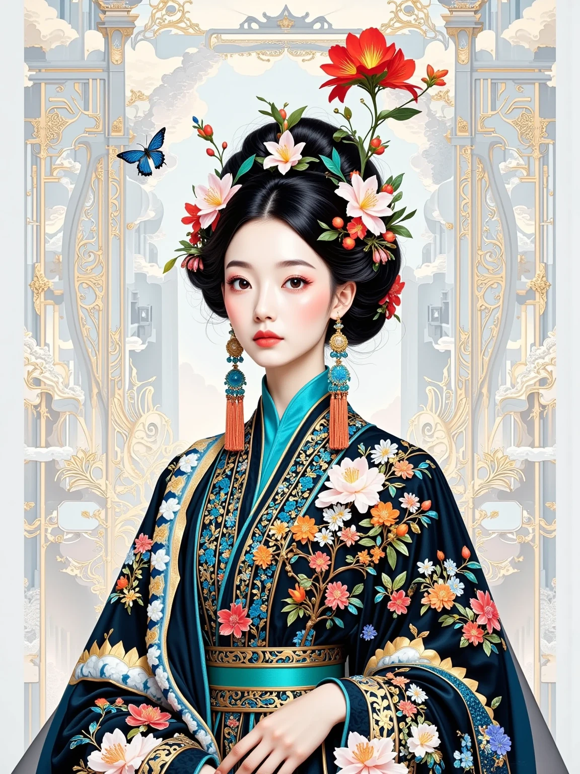 Metallic color, Hieronymus Bosch, beautiful scenery, behance, clean lines, flat illustration, collage style, various historical elements of Gongyi, Gongyi Museum, Luo Shen Tu, Feitian Tu, Northern Song Dynasty hairpins, headdress, all patterns use a nine-color Deer shape presentation, Chinese elements, beautiful colors, high density, full of details, white background, poster design, complex and simple contrast, prominent patterns, commercial illustration, minimalism, combined with Dunhuang