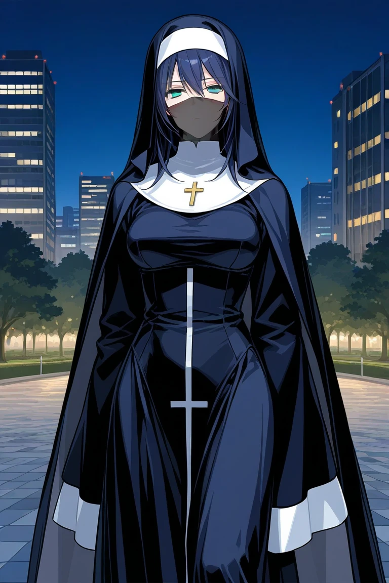 Solo, 1girl, tall women, cape over shoulders, puff shoulders, midnight dark blue nun outfits, long skirt, faceless, symbol veil, veil face /(Veil covered face)\, sleeves past wrists, breasts, sleeves past fingers, long cape, dark blue cape, overly long sleeves, wide open loose sleeves , standing, High Resolution, Masterpiece, Accurate, Best Quality,
BREAK
Looking for viewer, Park, night, city,