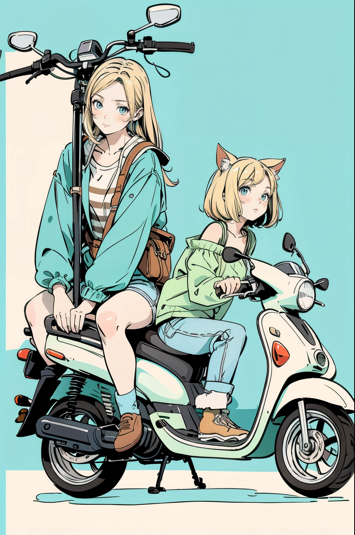  beautiful anime-style illustrations .  A brown striped cat is sleeping on a pale blue scooter seat.  A blonde woman is crouching beside the scooter , Staring at the cat.  The woman is wearing a green off-shoulder top , Denim shorts and brown boots.   background is pale blue  ,  give the illustration a simple and clean impression . The overall color scheme is soft ,  creates a warm atmosphere .