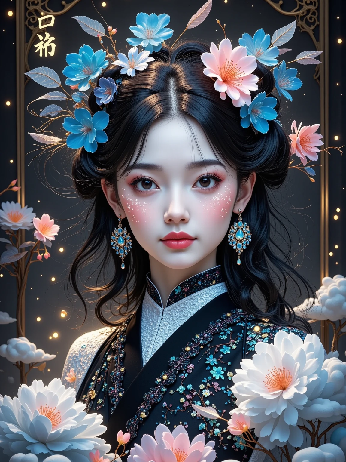 森友纪恵(Mori Yukie),Dale Chihuly, Finely Detailed ,Wlop,Mucha,hsiao ron cheng, Rock color board painting, Physiological Matte , Dark Magic, new three-dimensional antique style , William Morris, Josef Frank, image of 黑色郁金香花仙子 with earrings in clouds, in the style of realistic yet romantic, fairycore, anime-inspired character designs, black paintings, baroque elegance, 32K uhd, exaggerated facial features, national scenery ,3D Particles,Klimt,Sequins, bioluminescence ,Glowing particles,James Turrell,Nick Veasey, Ultra HD Pixels ,K HD rendering