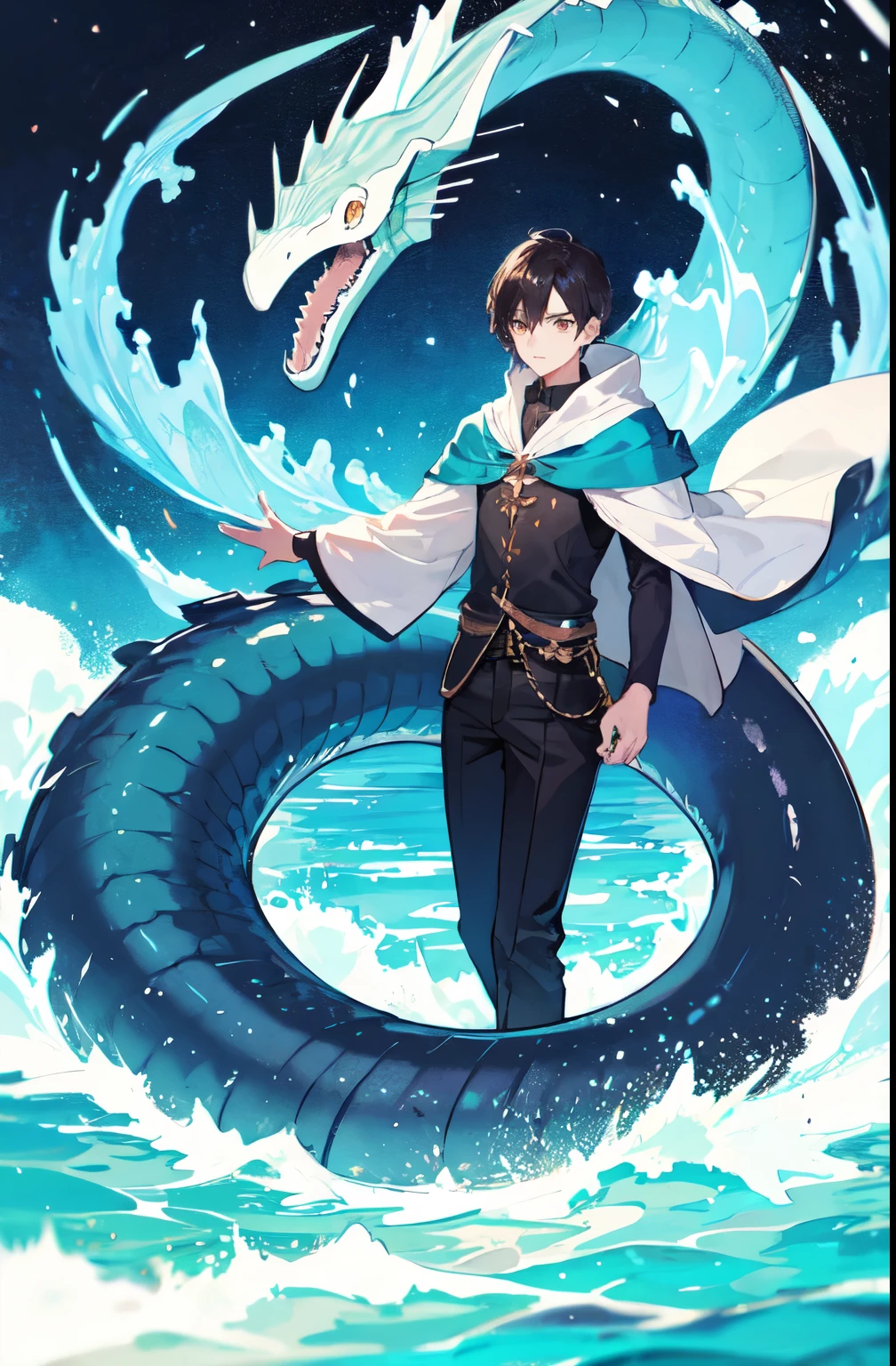 1man, best qualtiy,tmasterpiece,超A high resolution,Background waves,water dragon,water sphere,Natural soft light,photograph realistic, (tmasterpiece,best qualtiy:1.4),(hoang lap,A high resolution,Hyper-detailing:1.2),(1 handsome man:1.4),(using dark magic:1.4),Water magic,Playful illustration,Imaginative overlays,artistic fusion,Fantastic scenes,evocative narratives,striking visual effects,Handsome male goddess,Graceful facial features of black flowing antique clothes。Super in shape, (detailed eyes, eyes extremely detailed, half-body:0.6)