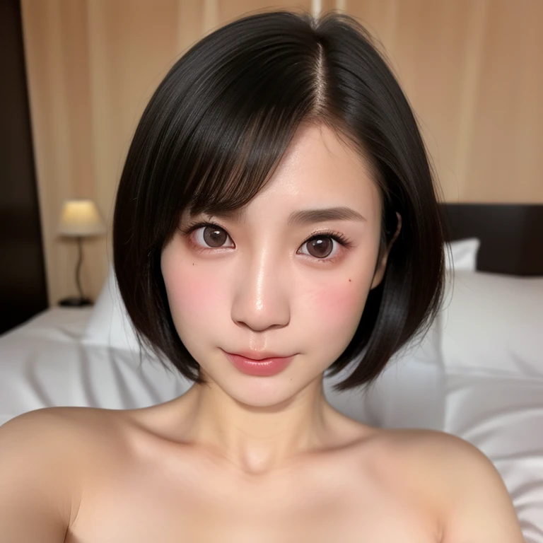 NSFW, (kawaii 24 year-old Japanese girl, Nogizaka idol, Korean idol), healthy female athlete body, (glossy black hair, short hair, pixie cut, bangs:1.3), (rounded face, beautiful black eyes, single eyelid, no makeup, half closed eyes, looking at away, half opened mouth, cumming:1.5), (nude, visible bare breasts, cum to face and breasts:1.3), extra small breasts, BREAK, (bedroom background, sitting on the bed:1.2), (dynamic angle, upper body shot:1.2),  BREAK, (masterpiece, best quality, photo realistic, official art:1.4), (UHD, 8K quality wallpaper, high resolution, raw photo, golden ratio:1.3), (shiny skin), professional lighting, physically based rendering, award winning, (highly detailed skin, extremely detailed face and eyes), Carl Zeiss 85 mm F/1.4, depth of field, 1girl, solo,