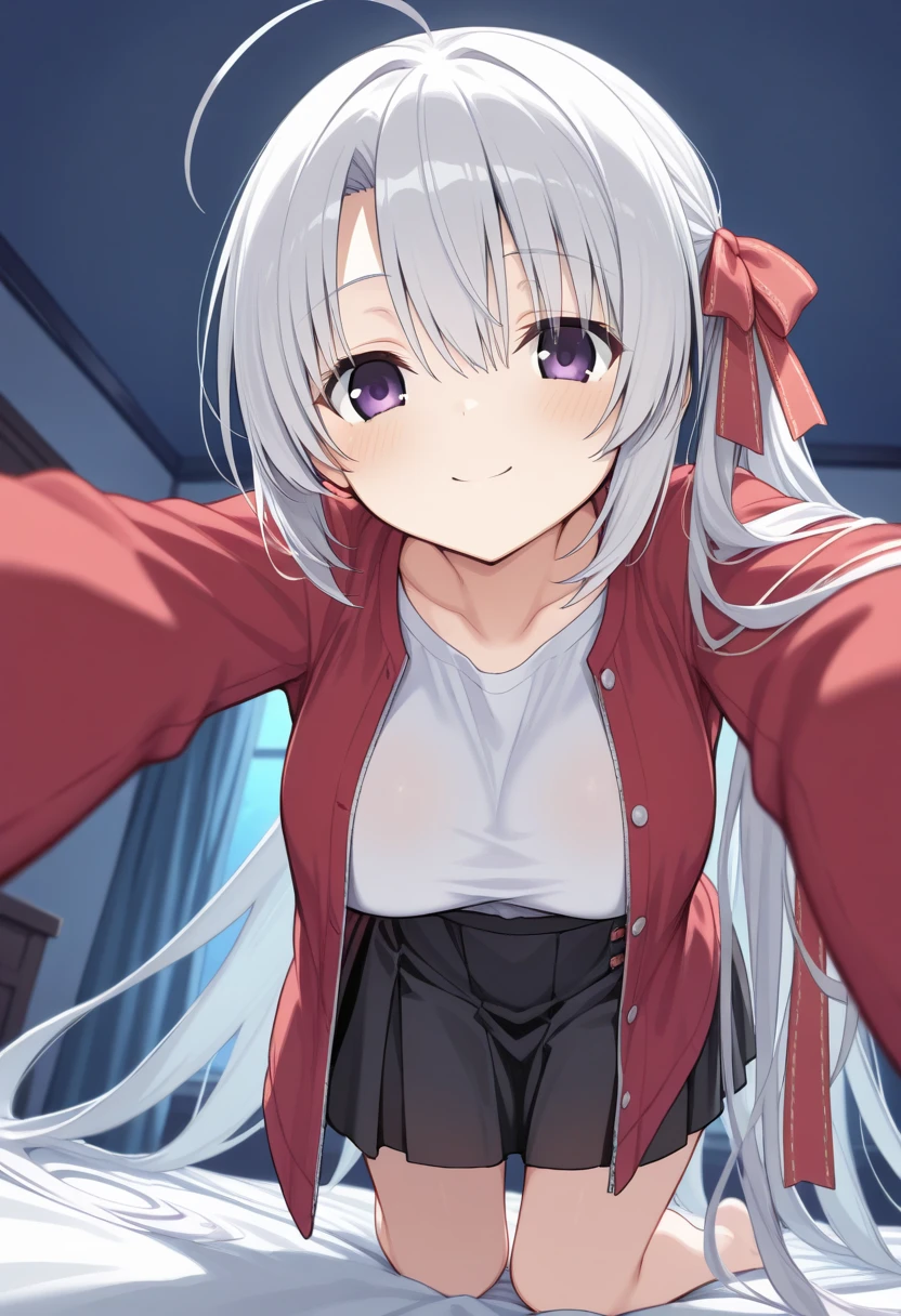 best quality, amazing quality, very aesthetic, absurdres, (1girl, mutsuki, blue archive, solo, red eyes, white hair, side ponytail), (realistic face:0.9),(thong:1.8),dress lift, (grin, blush, thigh:1.3), (cowboy shot), (glistening eyes), (half closed eyes:0.9), (), (official art:1.3), (panties around one leg), expressive eyes, perfect face, 4k, extremely detailed anime illustration, extremely detailed eyes, perfect anatomy, light rays, extremely delicate body, smooth skin, (anime background:1.5), clear eyes, beautiful face, small breasts,(anime style:1.5), (Warm Light:1.5), (highres:2),
